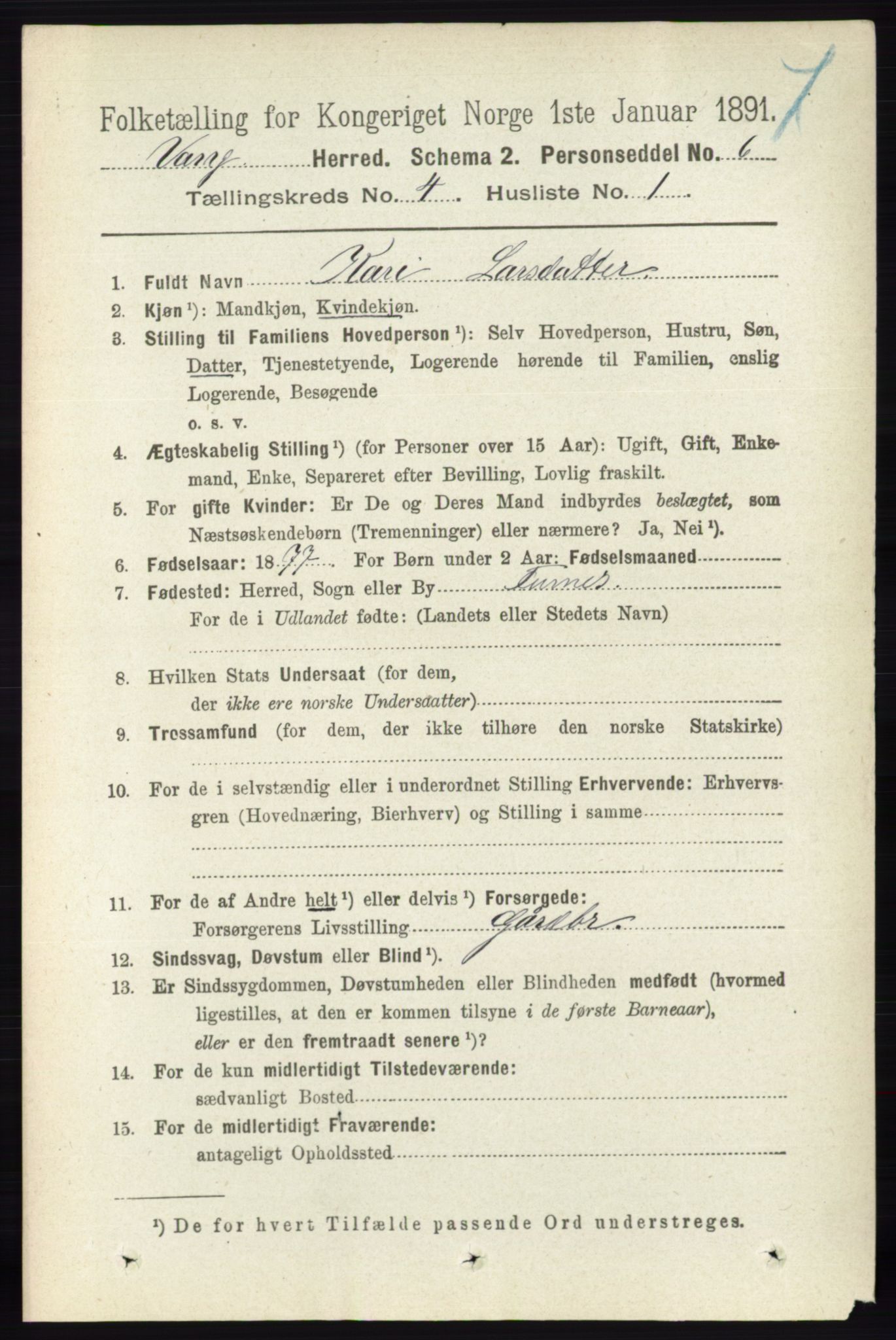 RA, 1891 census for 0414 Vang, 1891, p. 2753