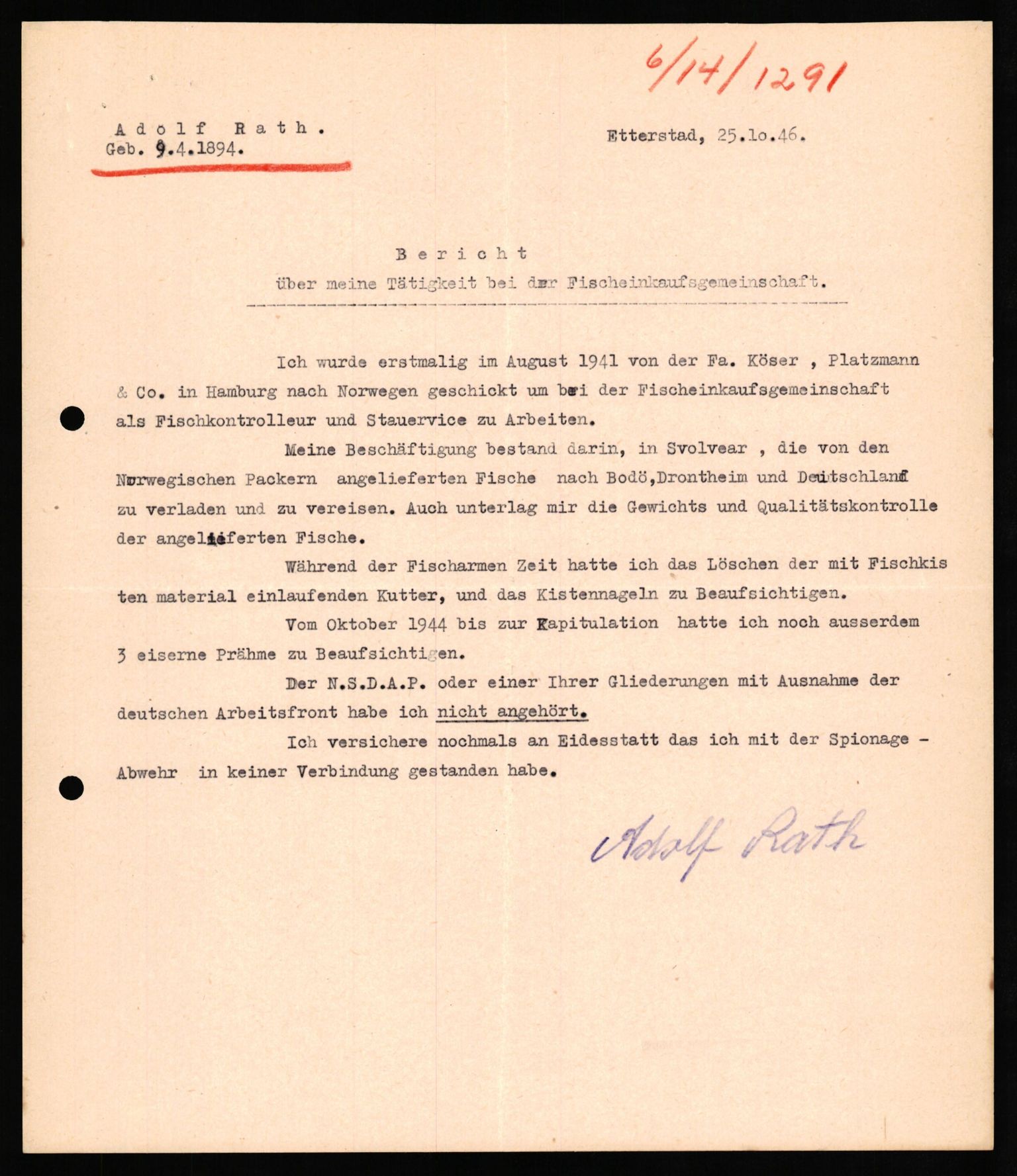 Forsvaret, Forsvarets overkommando II, AV/RA-RAFA-3915/D/Db/L0027: CI Questionaires. Tyske okkupasjonsstyrker i Norge. Tyskere., 1945-1946, p. 33