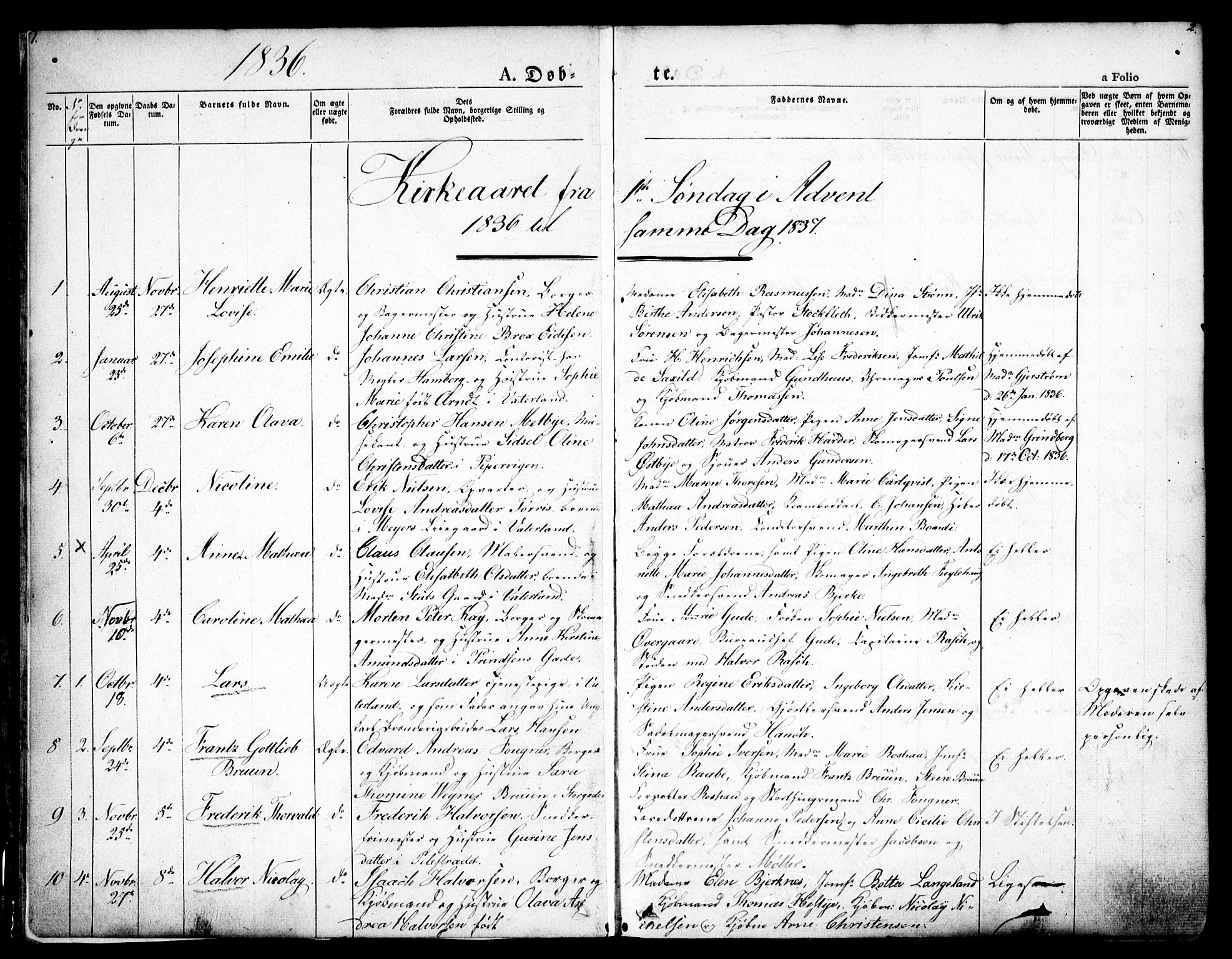 Oslo domkirke Kirkebøker, SAO/A-10752/F/Fa/L0012: Parish register (official) no. 12, 1837-1845, p. 1-2