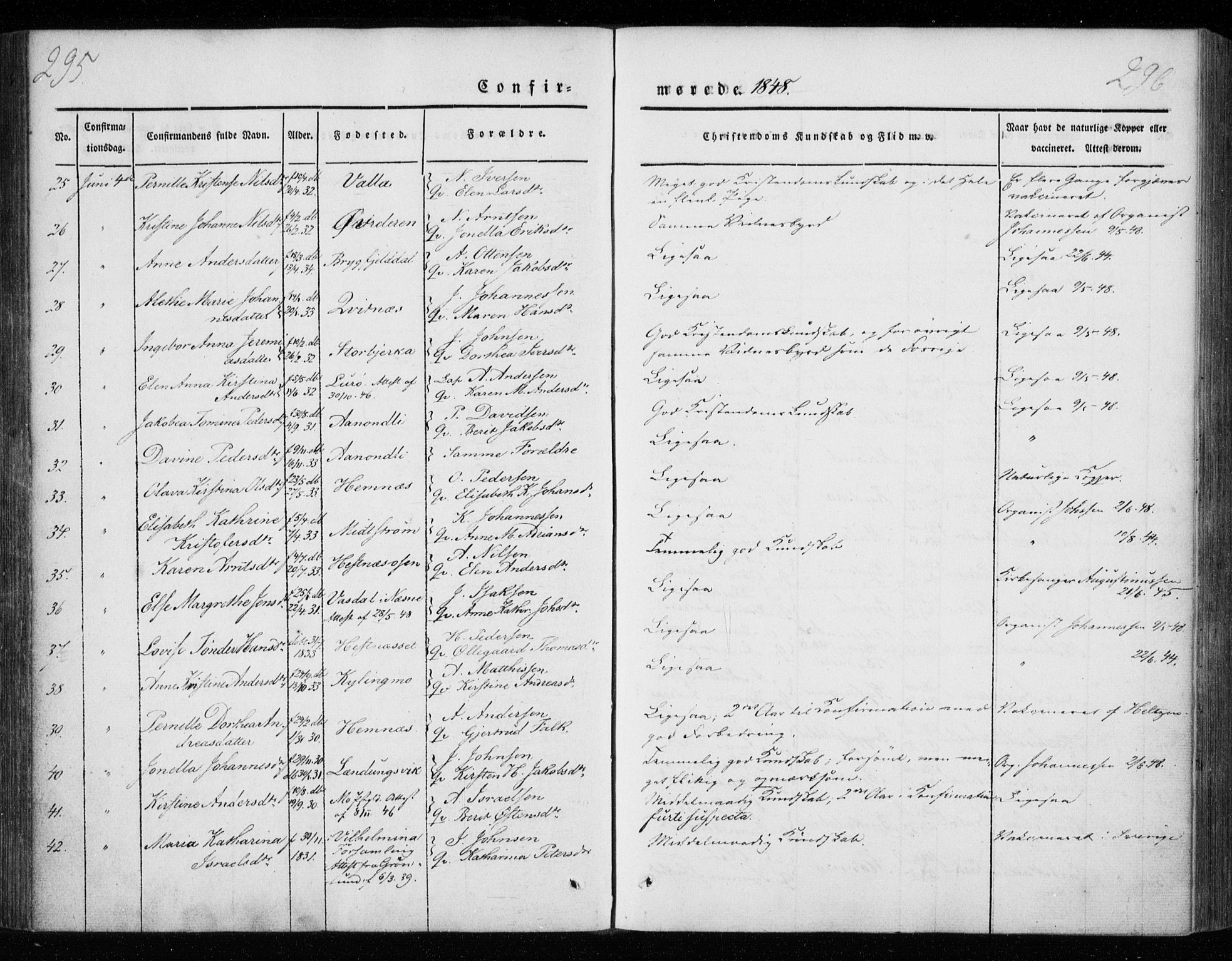 Ministerialprotokoller, klokkerbøker og fødselsregistre - Nordland, AV/SAT-A-1459/825/L0355: Parish register (official) no. 825A09, 1842-1863, p. 295-296