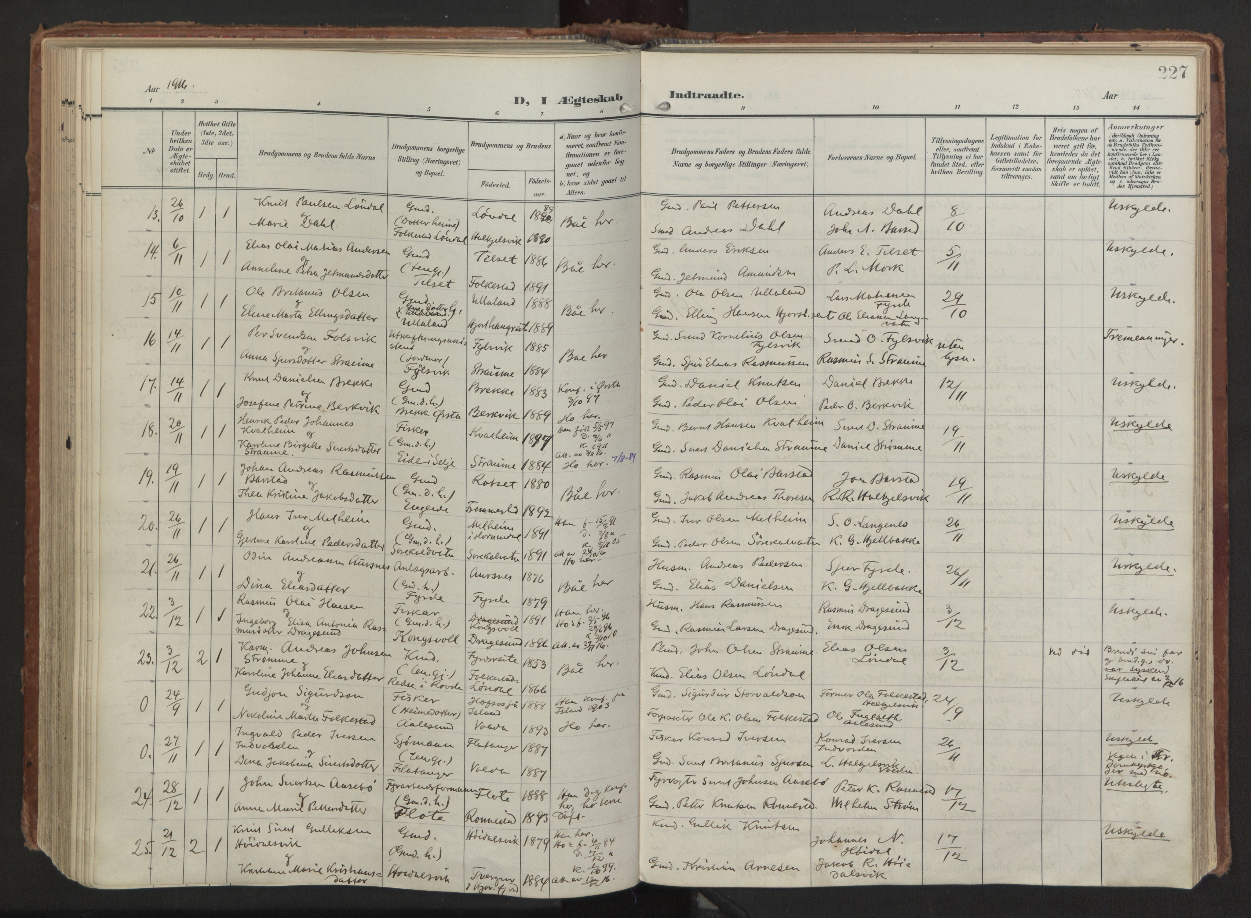 Ministerialprotokoller, klokkerbøker og fødselsregistre - Møre og Romsdal, AV/SAT-A-1454/511/L0144: Parish register (official) no. 511A11, 1906-1923, p. 227