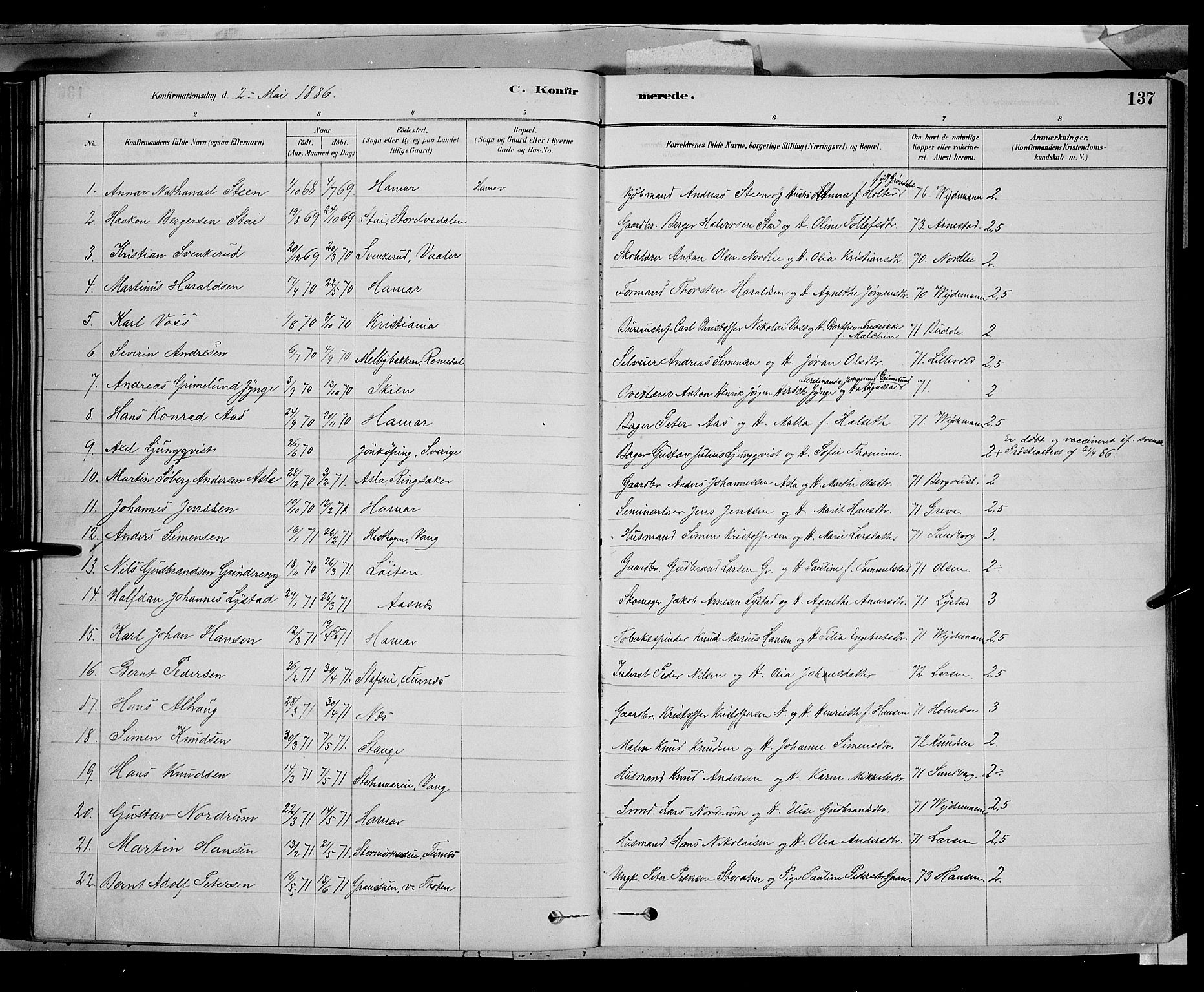 Vang prestekontor, Hedmark, SAH/PREST-008/H/Ha/Haa/L0016: Parish register (official) no. 16, 1878-1889, p. 137