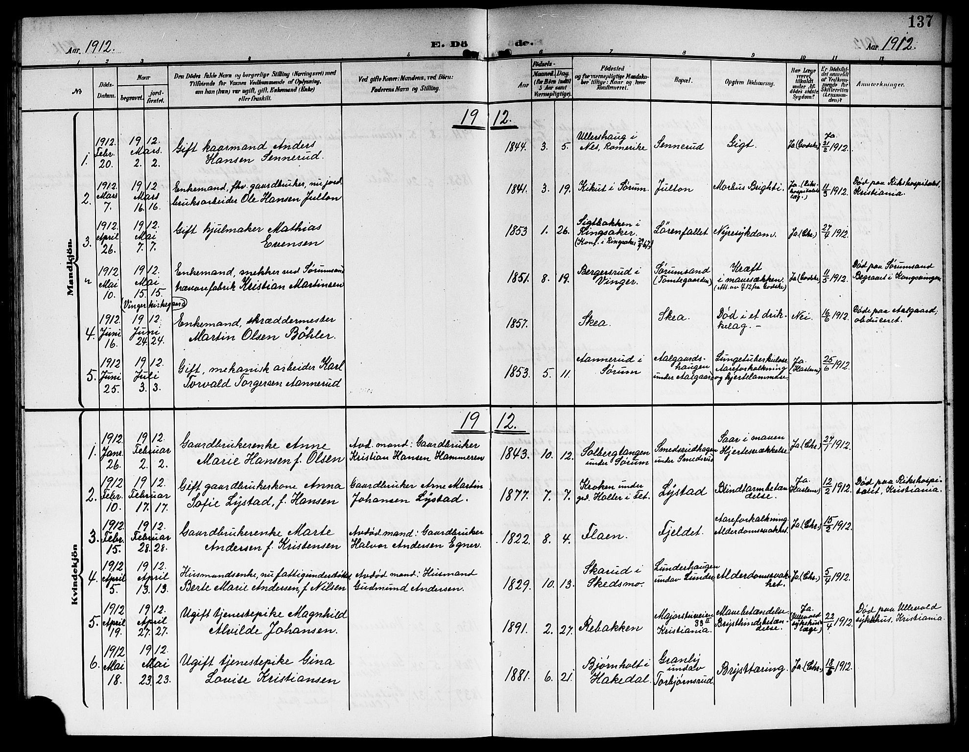 Sørum prestekontor Kirkebøker, AV/SAO-A-10303/G/Ga/L0007: Parish register (copy) no. I 7, 1907-1917, p. 137