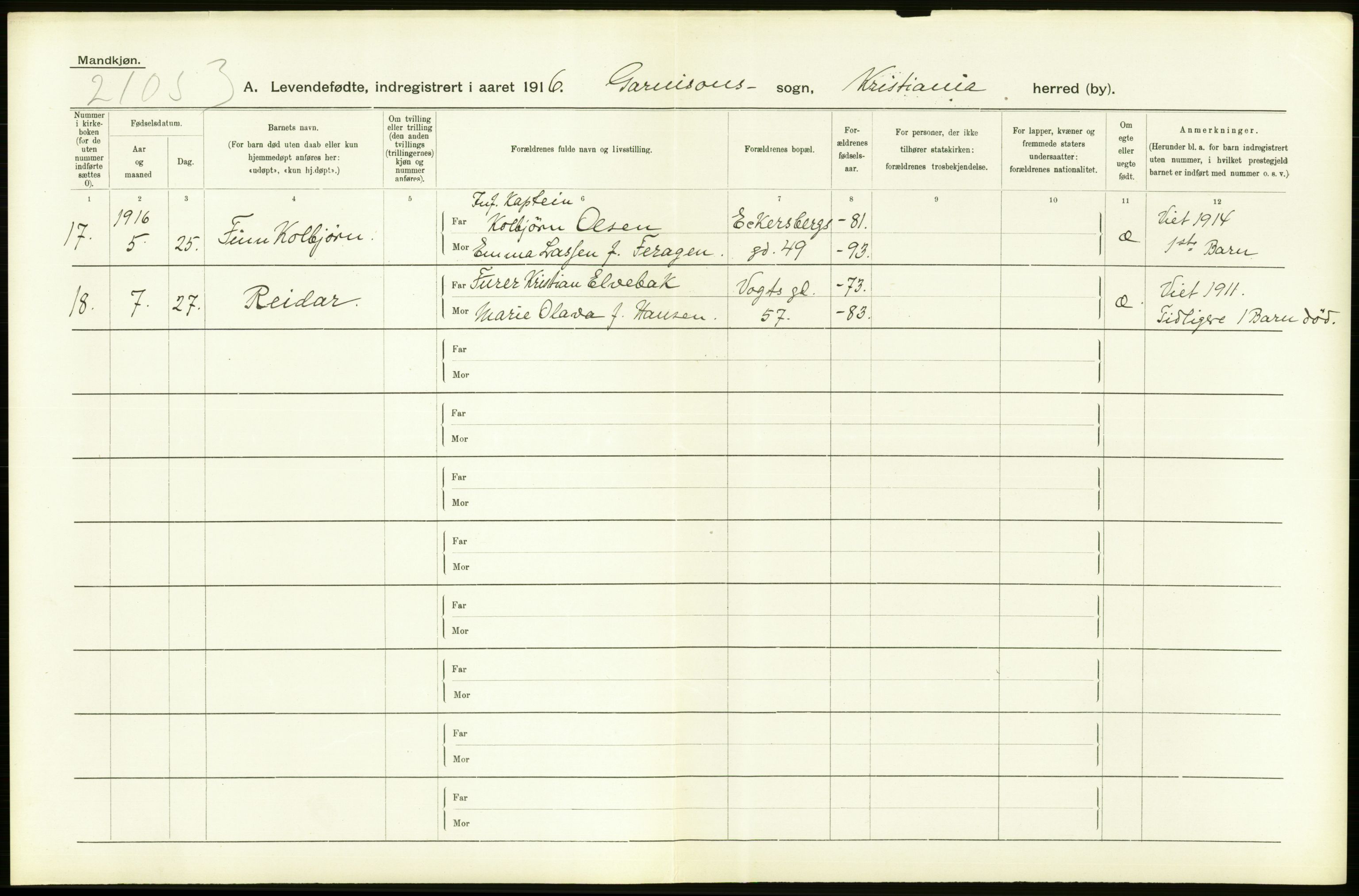 Statistisk sentralbyrå, Sosiodemografiske emner, Befolkning, AV/RA-S-2228/D/Df/Dfb/Dfbf/L0007: Kristiania: Levendefødte menn og kvinner., 1916, p. 464