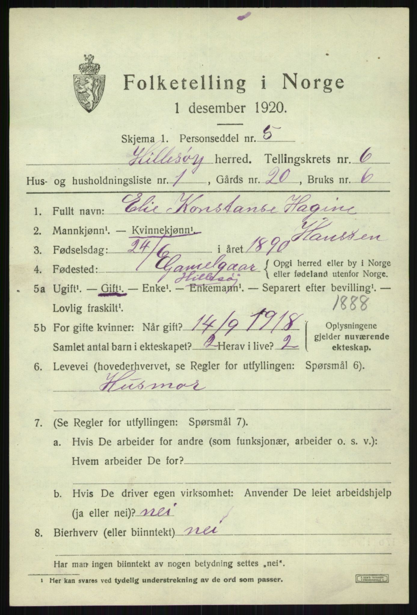 SATØ, 1920 census for Hillesøy, 1920, p. 2911