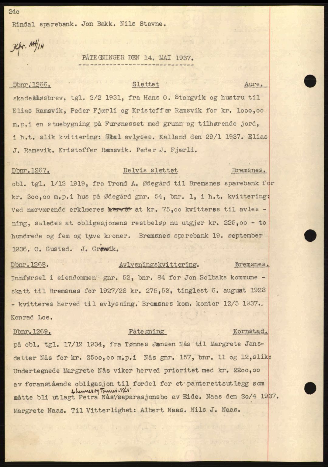 Nordmøre sorenskriveri, AV/SAT-A-4132/1/2/2Ca: Mortgage book no. C80, 1936-1939, Diary no: : 1266/1937