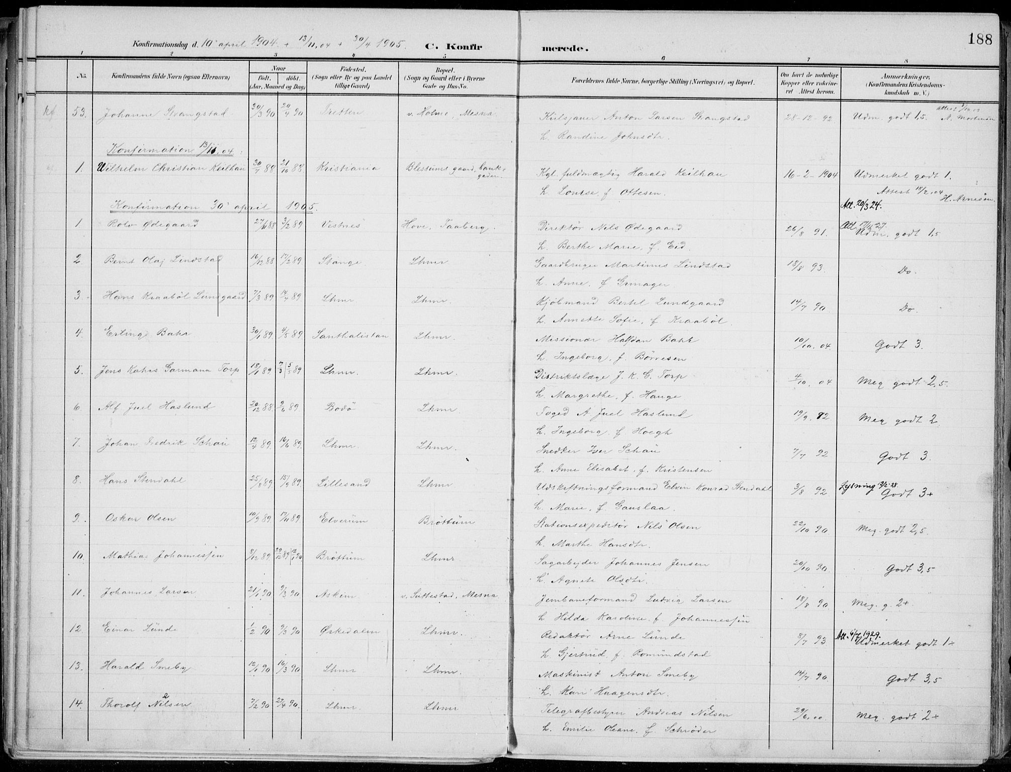 Lillehammer prestekontor, SAH/PREST-088/H/Ha/Haa/L0001: Parish register (official) no. 1, 1901-1916, p. 188