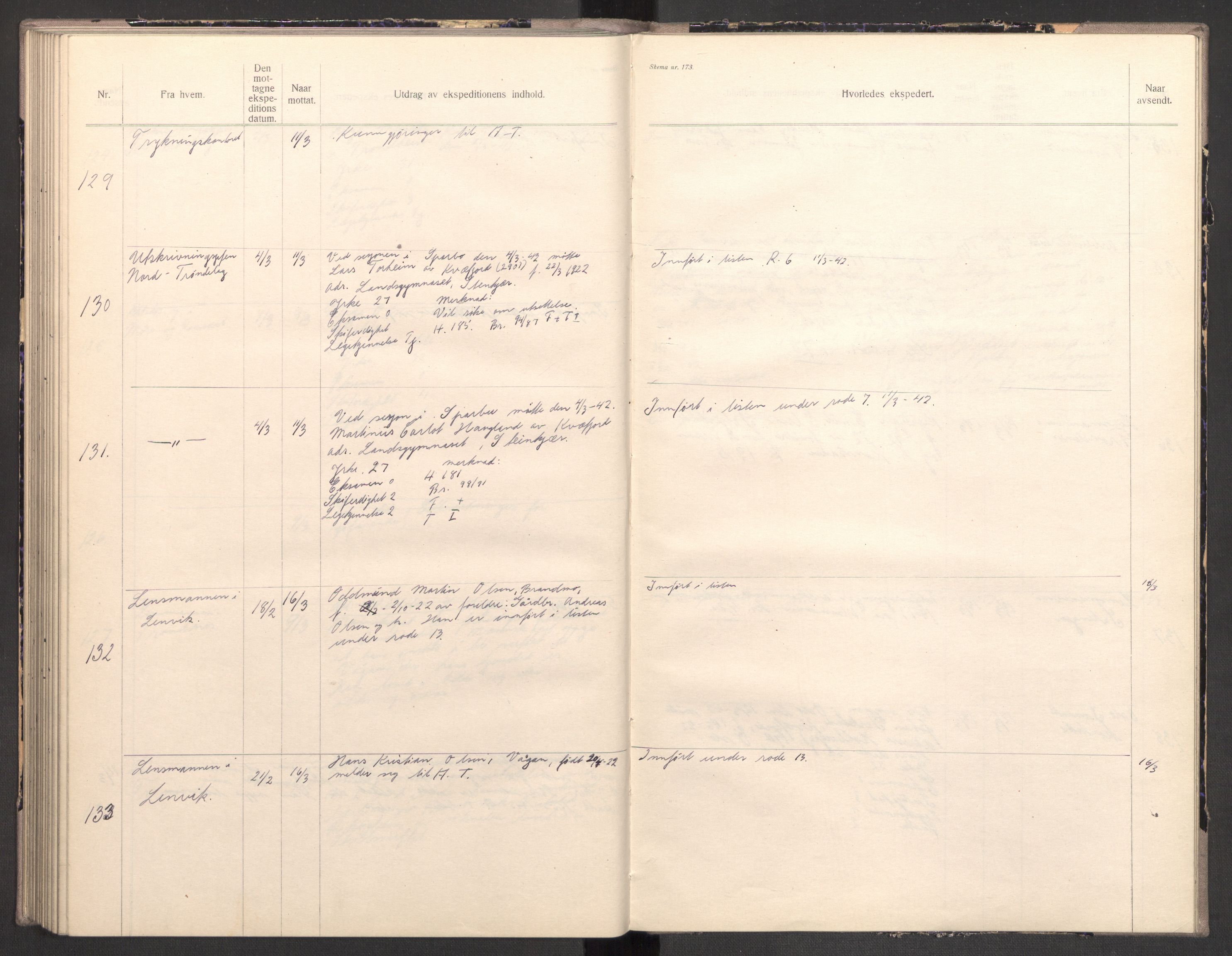 Norges arbeidstjeneste, AV/RA-S-5014/C/Ca/L0001: Journal for utskrivning Nordland og Troms, 1940-1942, p. 169