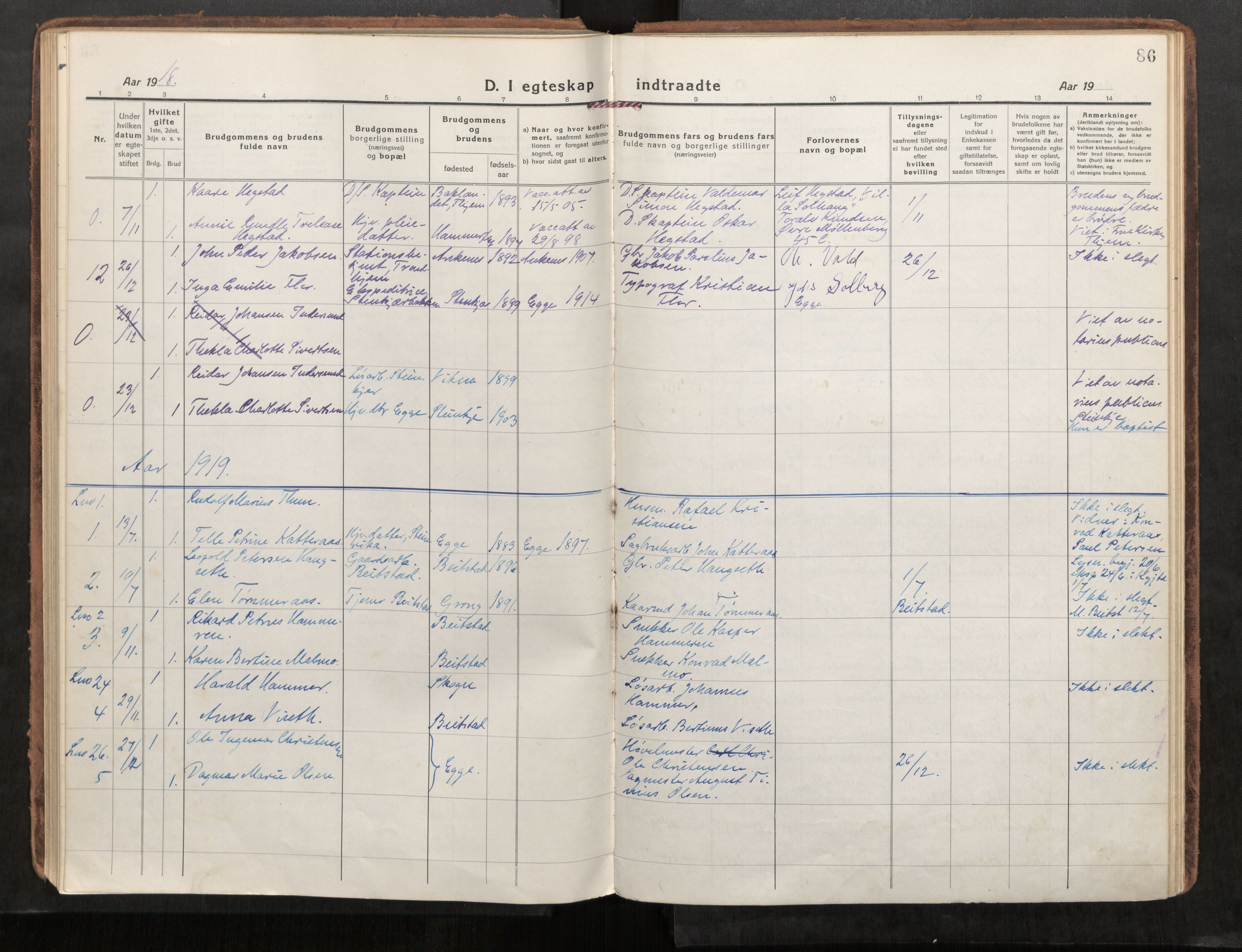 Steinkjer sokneprestkontor, AV/SAT-A-1541/01/H/Ha/Haa/L0004: Parish register (official) no. 4, 1918-1924, p. 86