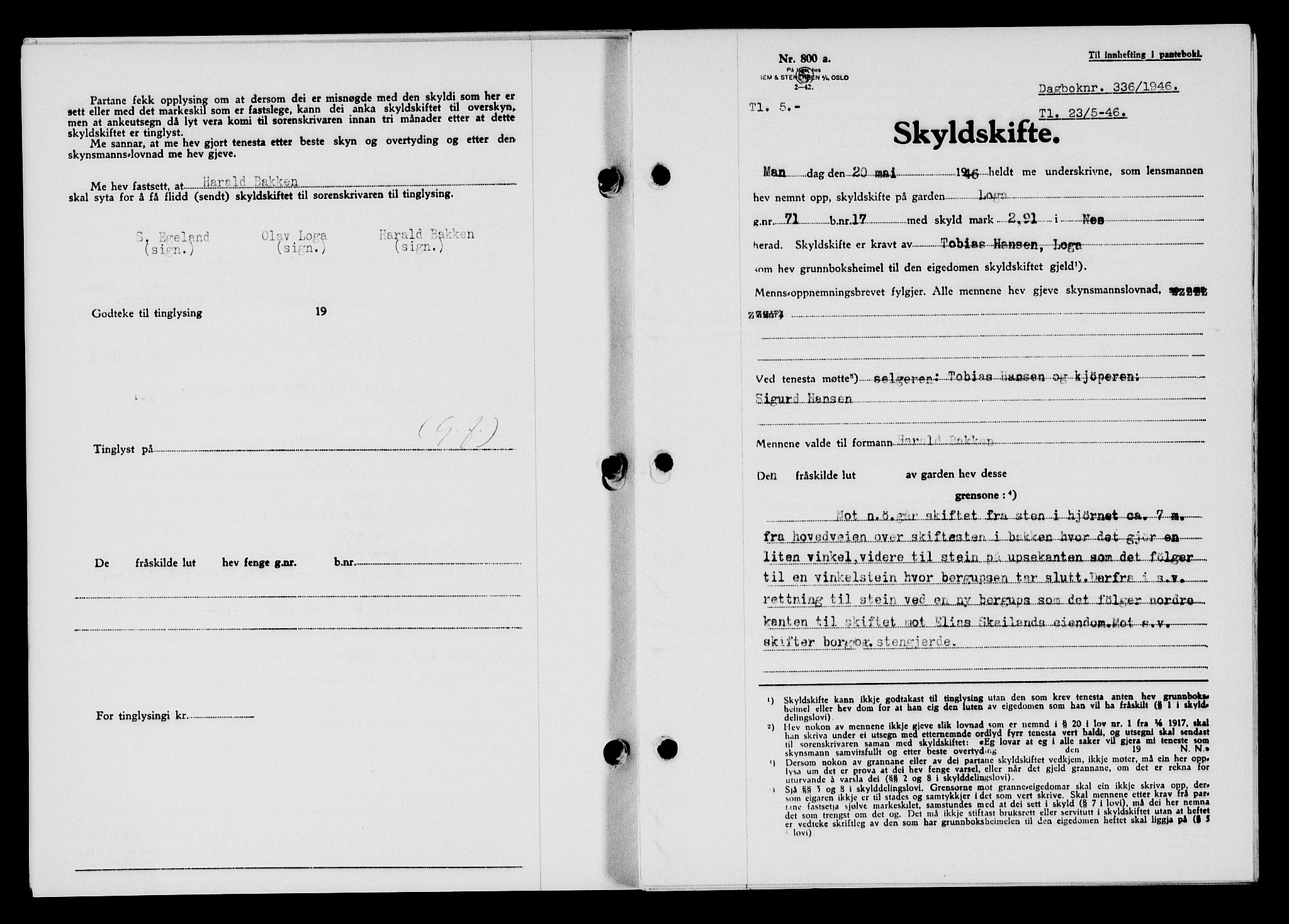Flekkefjord sorenskriveri, SAK/1221-0001/G/Gb/Gba/L0060: Mortgage book no. A-8, 1945-1946, Diary no: : 336/1946