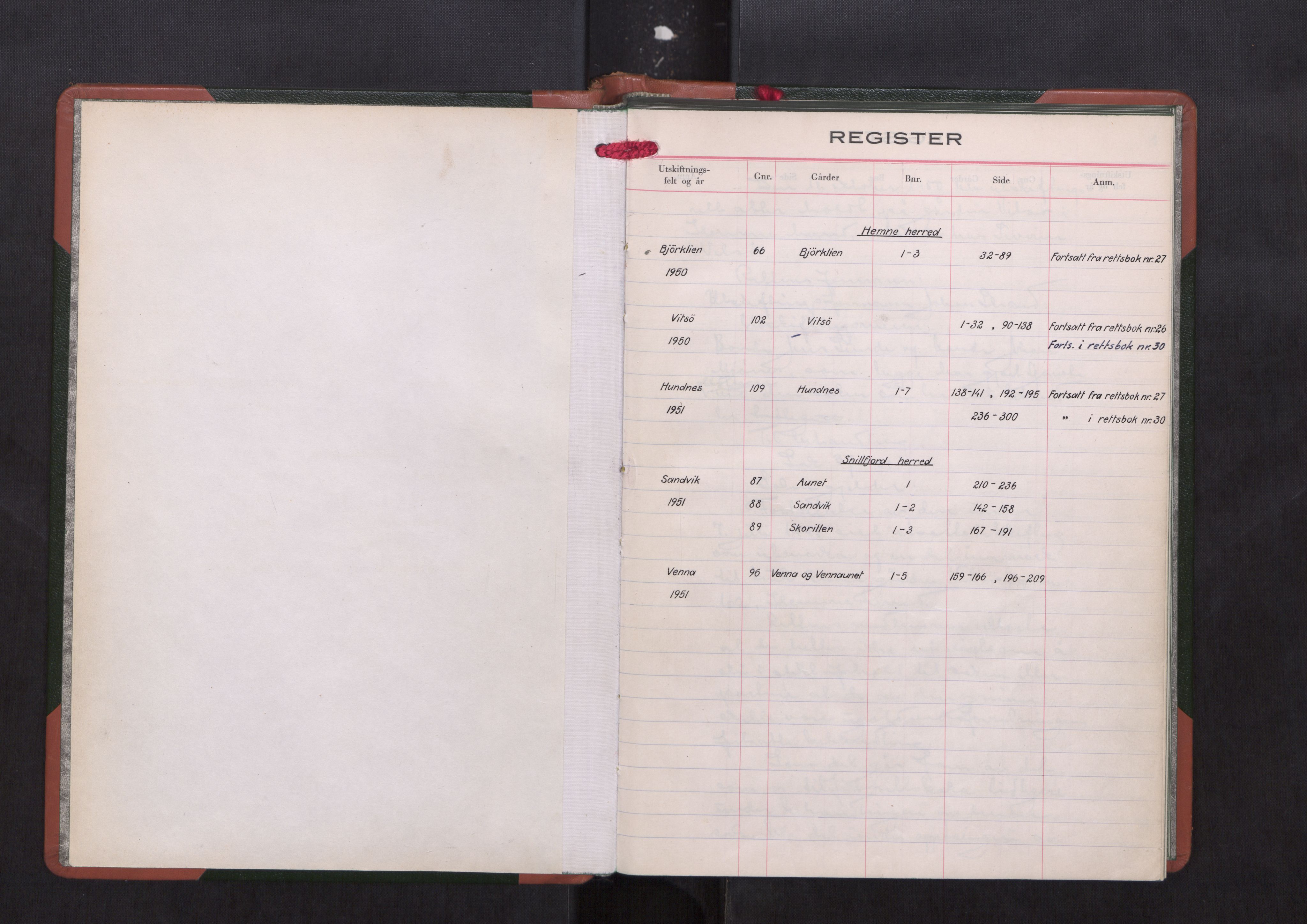 Sør-Trøndelag jordskifterett, AV/SAT-A-4522/1/F/L0112: Utskiftningsrettsbok 29, Hitra sorenskriveri, 1950-1951