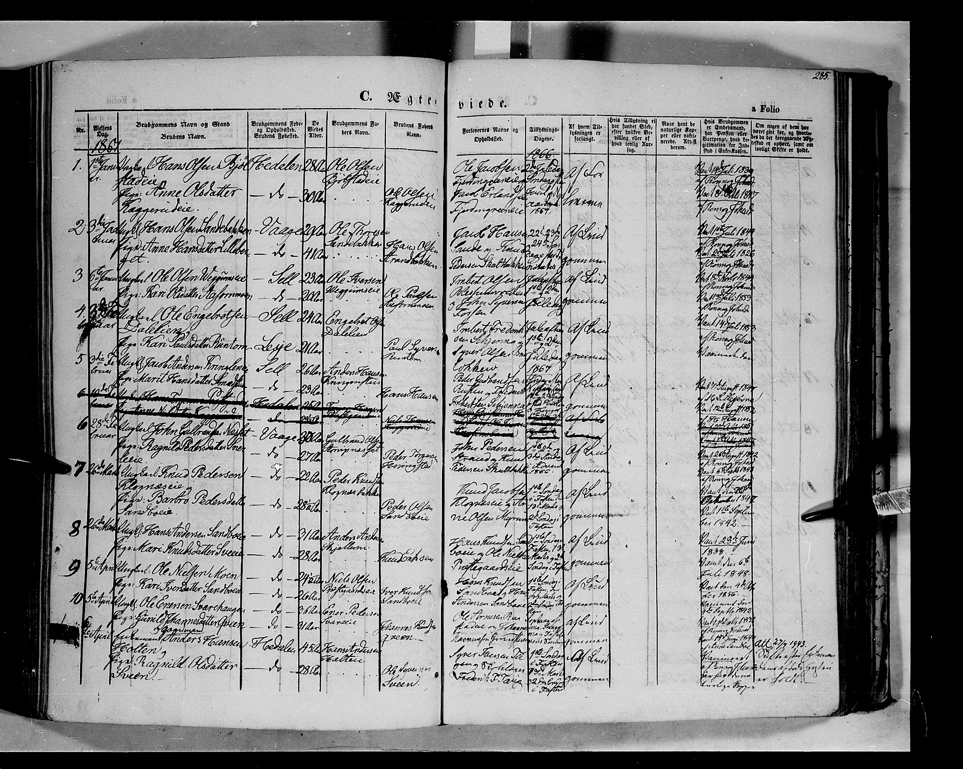 Vågå prestekontor, SAH/PREST-076/H/Ha/Haa/L0006: Parish register (official) no. 6 /1, 1856-1872, p. 285