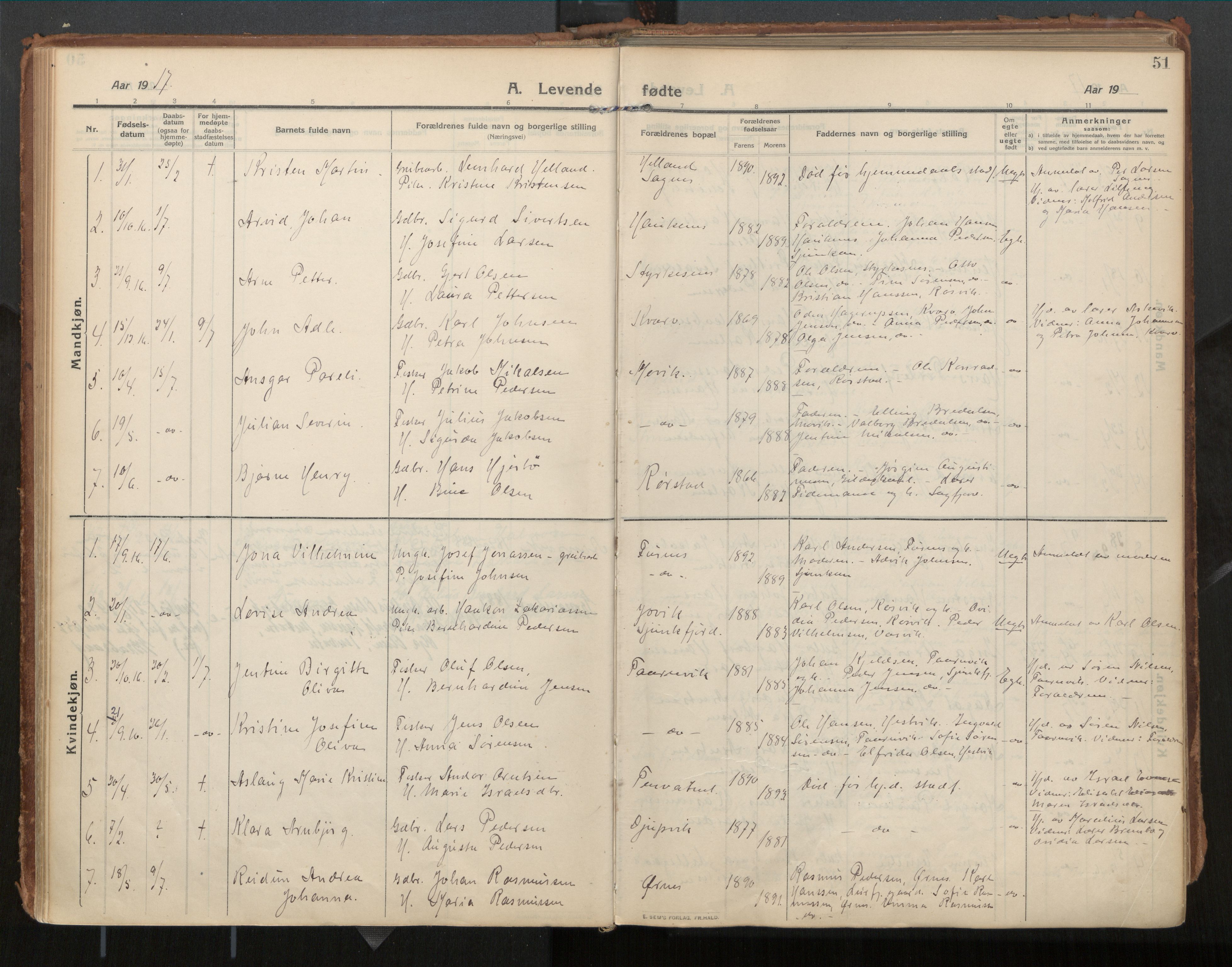 Ministerialprotokoller, klokkerbøker og fødselsregistre - Nordland, SAT/A-1459/854/L0784: Parish register (official) no. 854A07, 1910-1922, p. 51