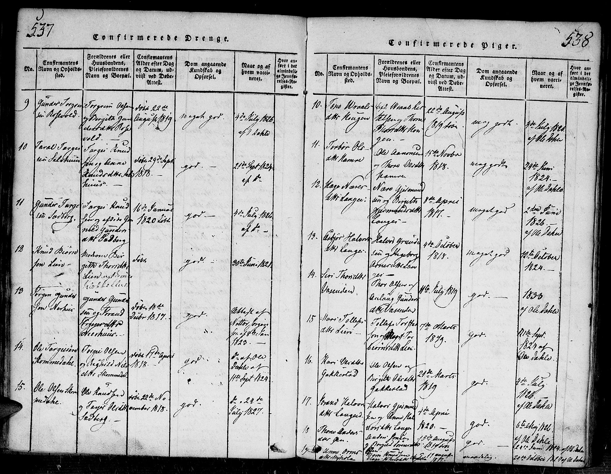 Bygland sokneprestkontor, SAK/1111-0006/F/Fa/Fab/L0003: Parish register (official) no. A 3, 1816-1841, p. 537-538