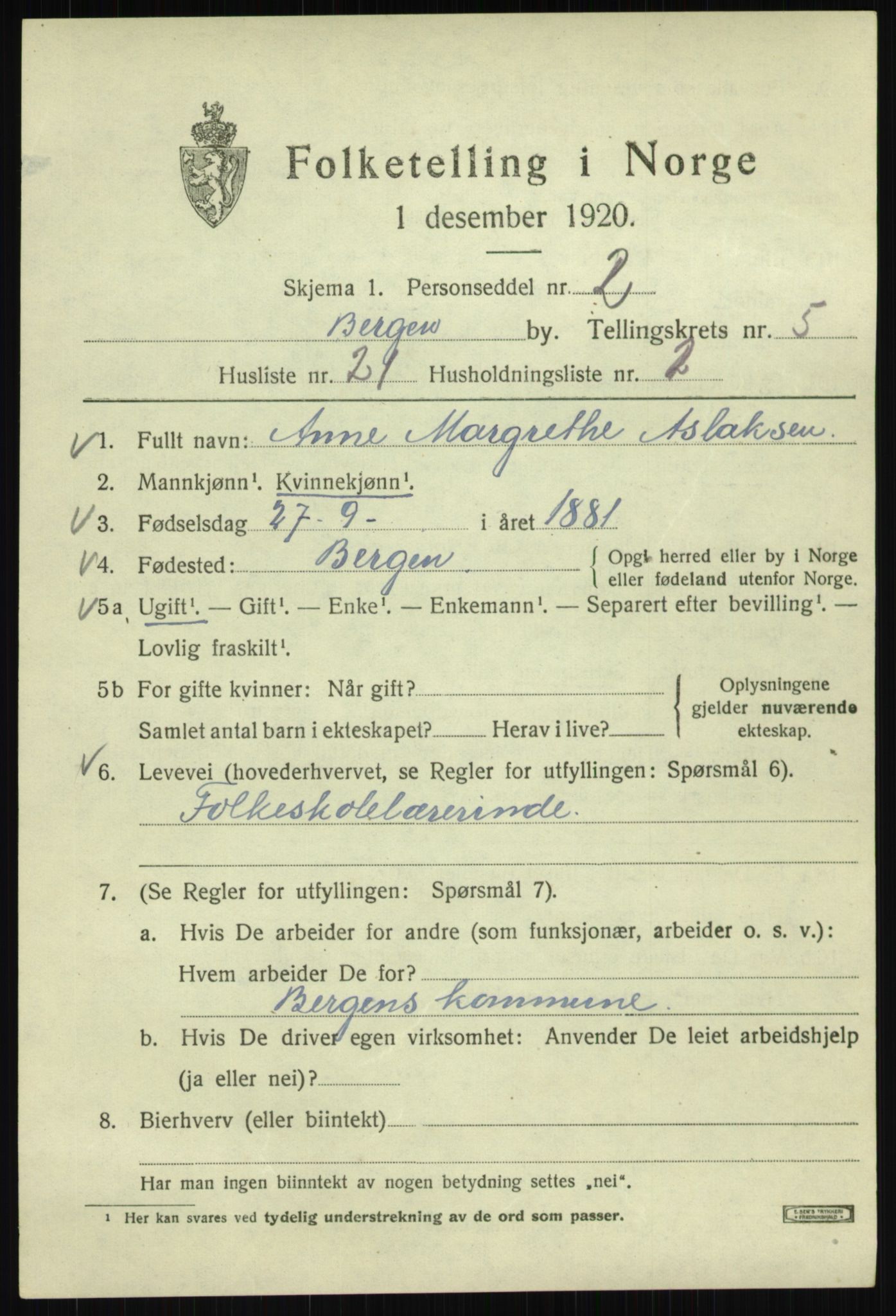 SAB, 1920 census for Bergen, 1920, p. 65334