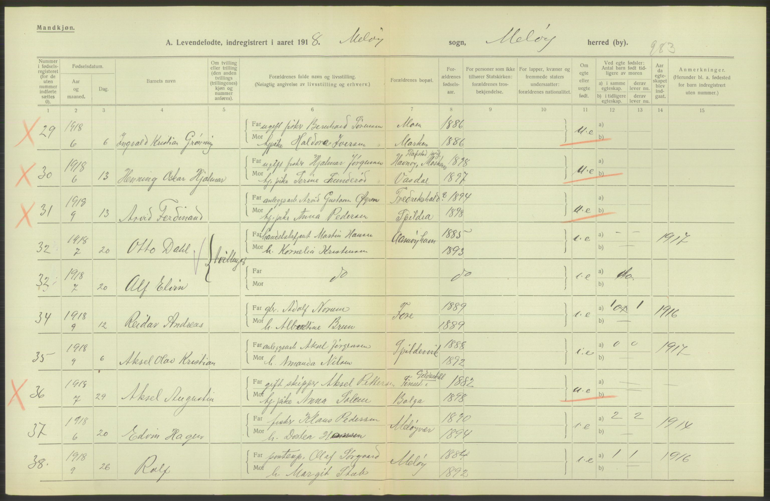 Statistisk sentralbyrå, Sosiodemografiske emner, Befolkning, AV/RA-S-2228/D/Df/Dfb/Dfbh/L0052: Nordland fylke: Levendefødte menn og kvinner. Bygder., 1918, p. 576