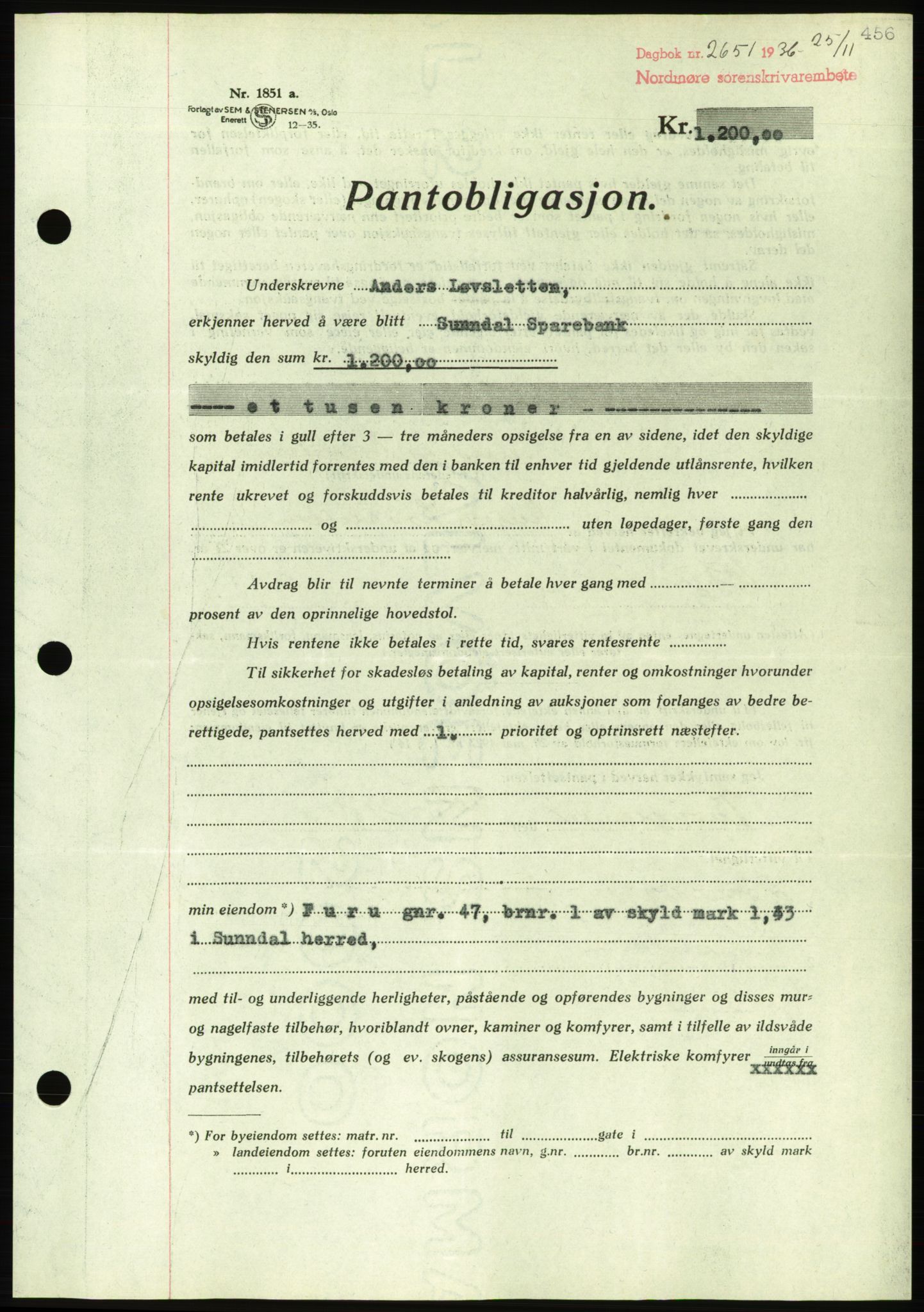 Nordmøre sorenskriveri, AV/SAT-A-4132/1/2/2Ca/L0090: Mortgage book no. B80, 1936-1937, Diary no: : 2651/1936