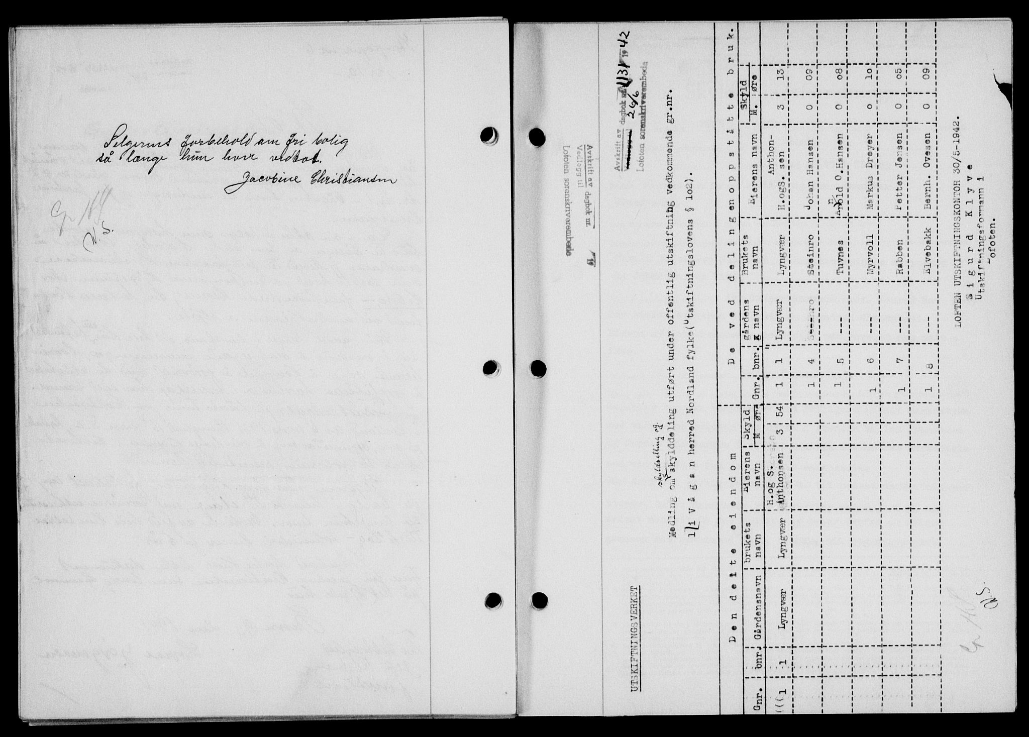 Lofoten sorenskriveri, SAT/A-0017/1/2/2C/L0010a: Mortgage book no. 10a, 1942-1943, Diary no: : 1131/1942