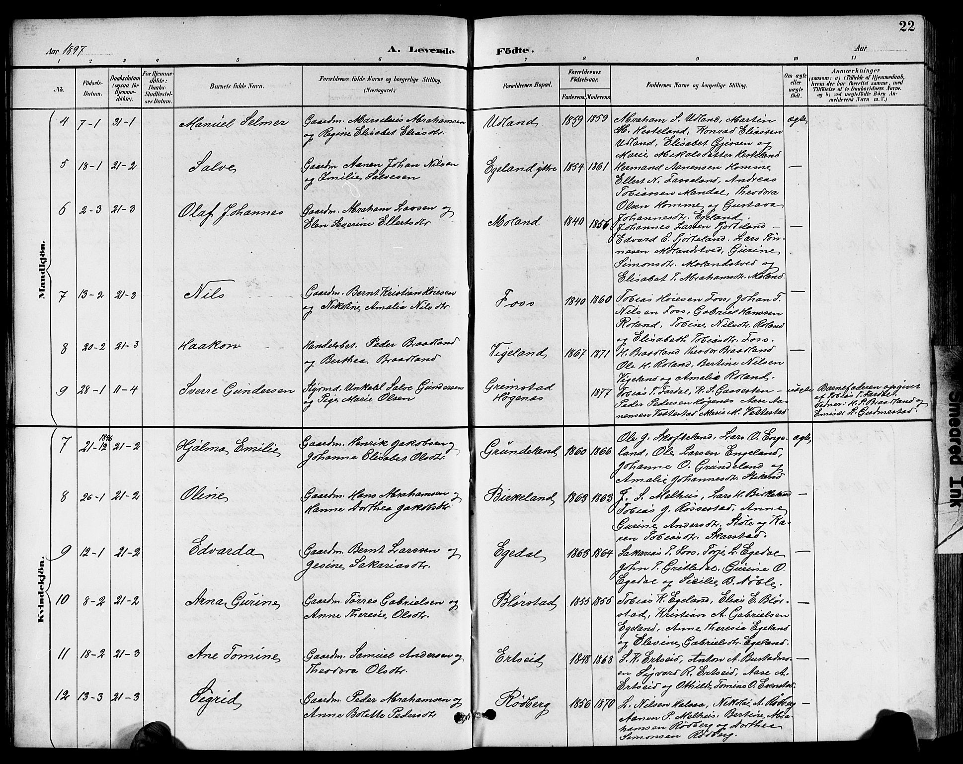 Sør-Audnedal sokneprestkontor, AV/SAK-1111-0039/F/Fb/Fbb/L0006: Parish register (copy) no. B 6, 1893-1915, p. 22