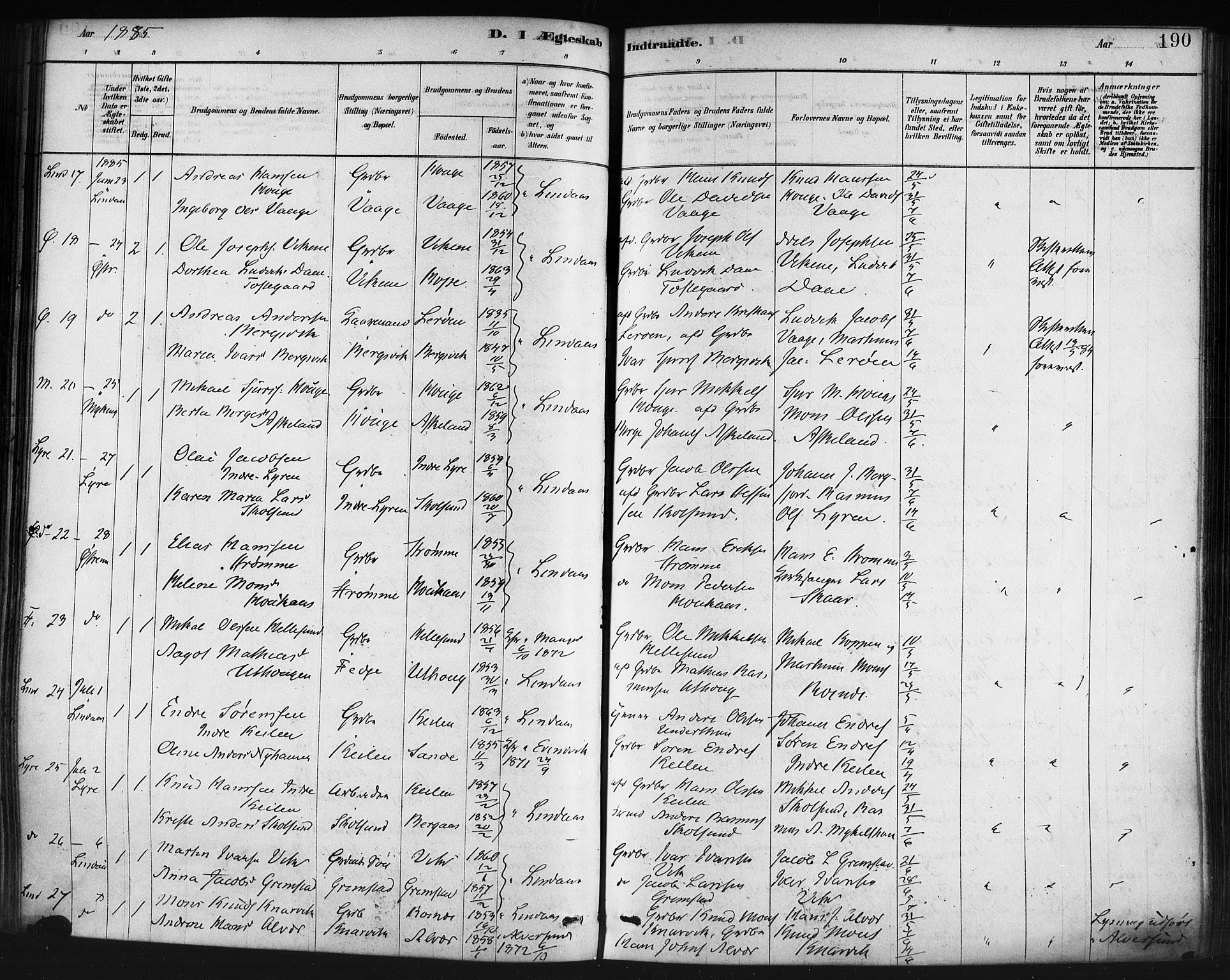 Lindås Sokneprestembete, AV/SAB-A-76701/H/Haa/Haaa/L0019: Parish register (official) no. A 19, 1878-1912, p. 190