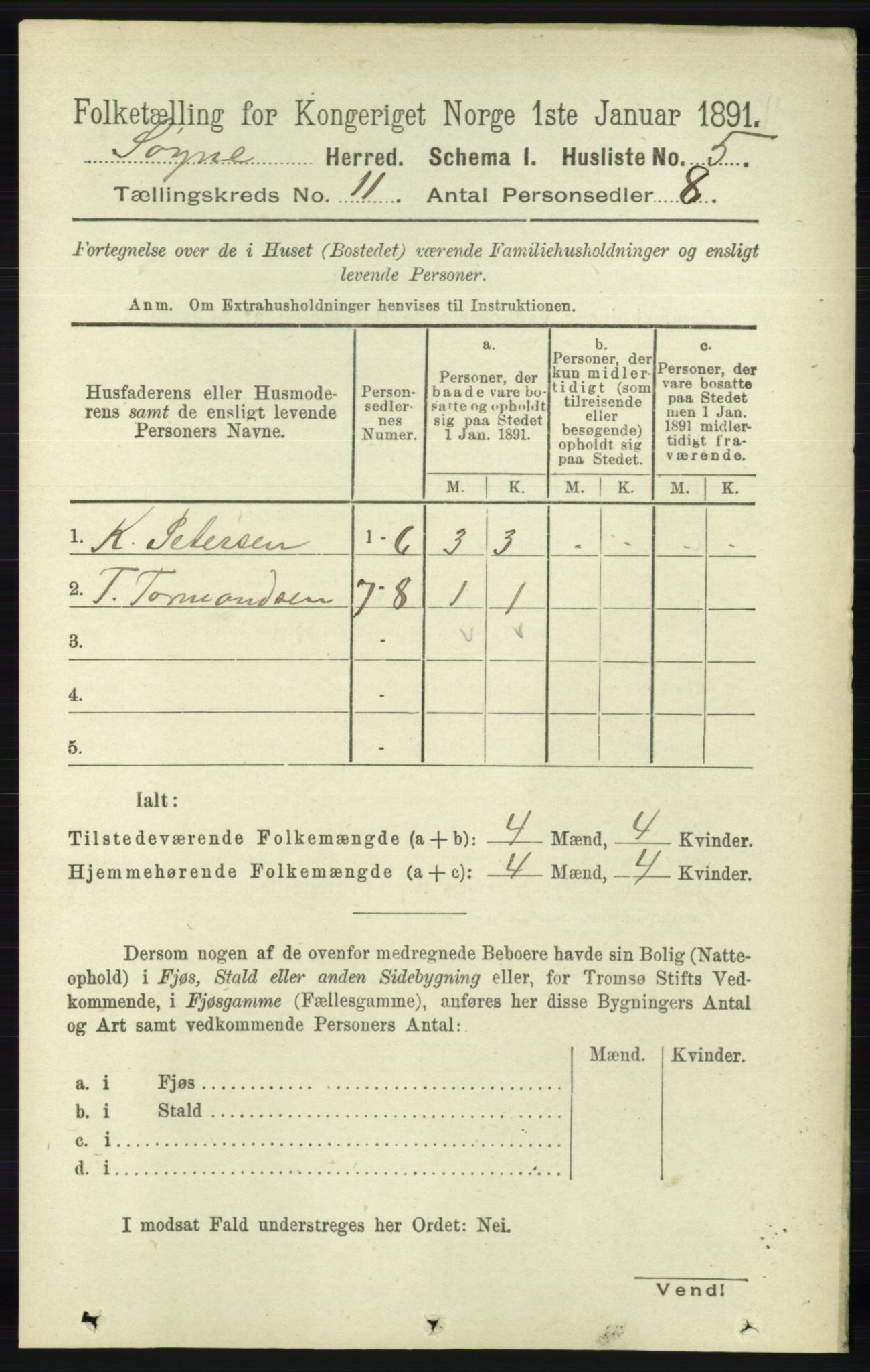 RA, 1891 census for 1018 Søgne, 1891, p. 2894