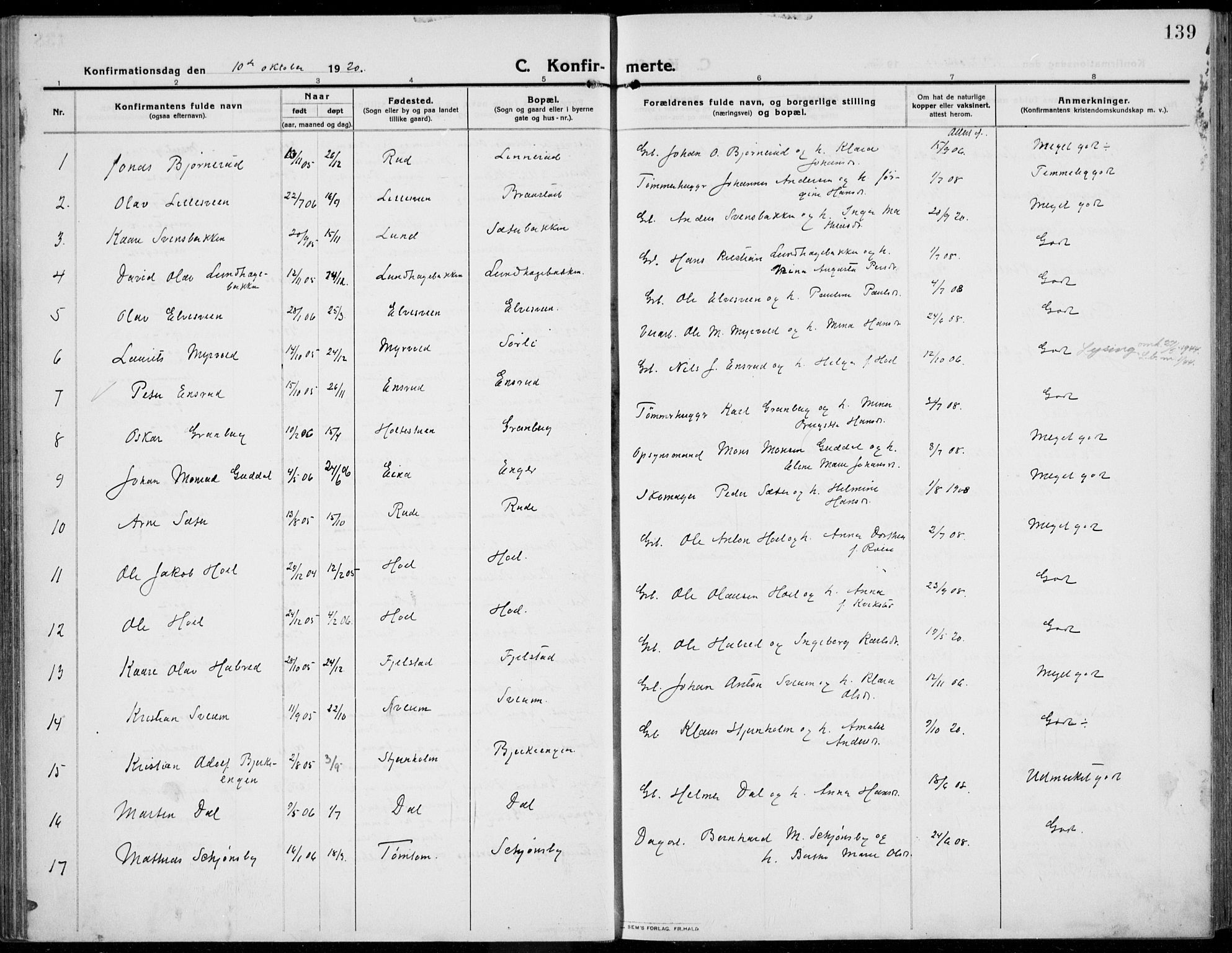 Kolbu prestekontor, SAH/PREST-110/H/Ha/Haa/L0002: Parish register (official) no. 2, 1912-1926, p. 139