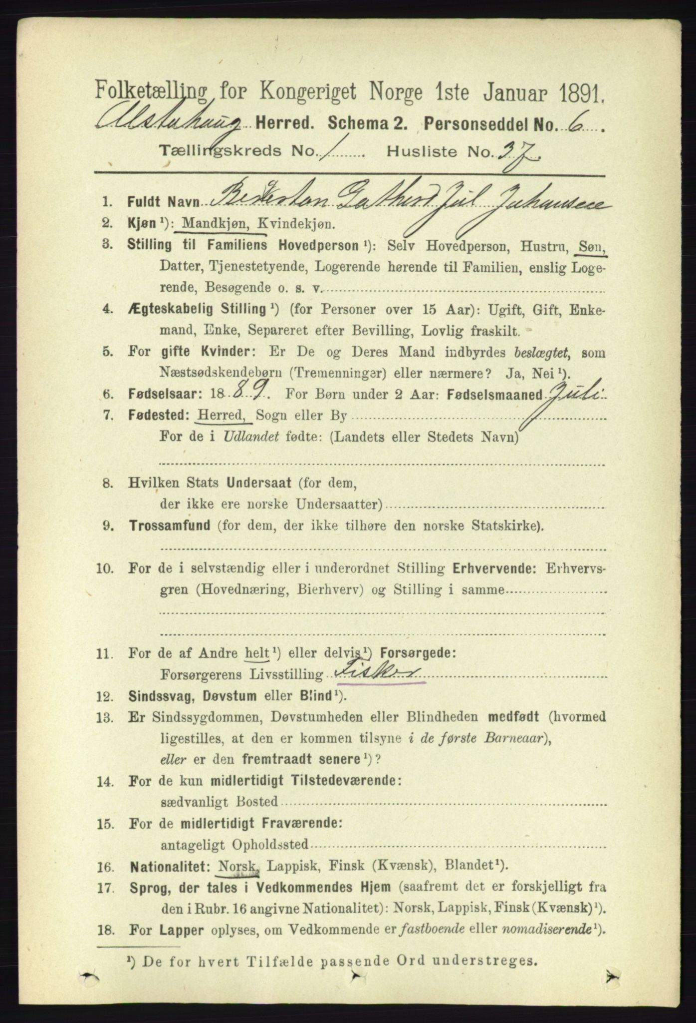 RA, 1891 census for 1820 Alstahaug, 1891, p. 327