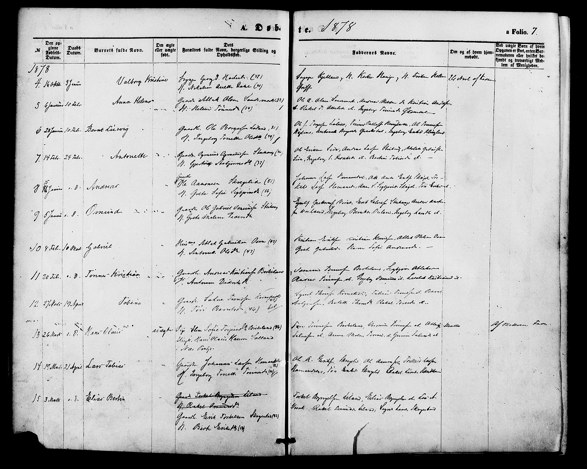 Bakke sokneprestkontor, AV/SAK-1111-0002/F/Fa/Faa/L0007: Parish register (official) no. A 7, 1877-1886, p. 7