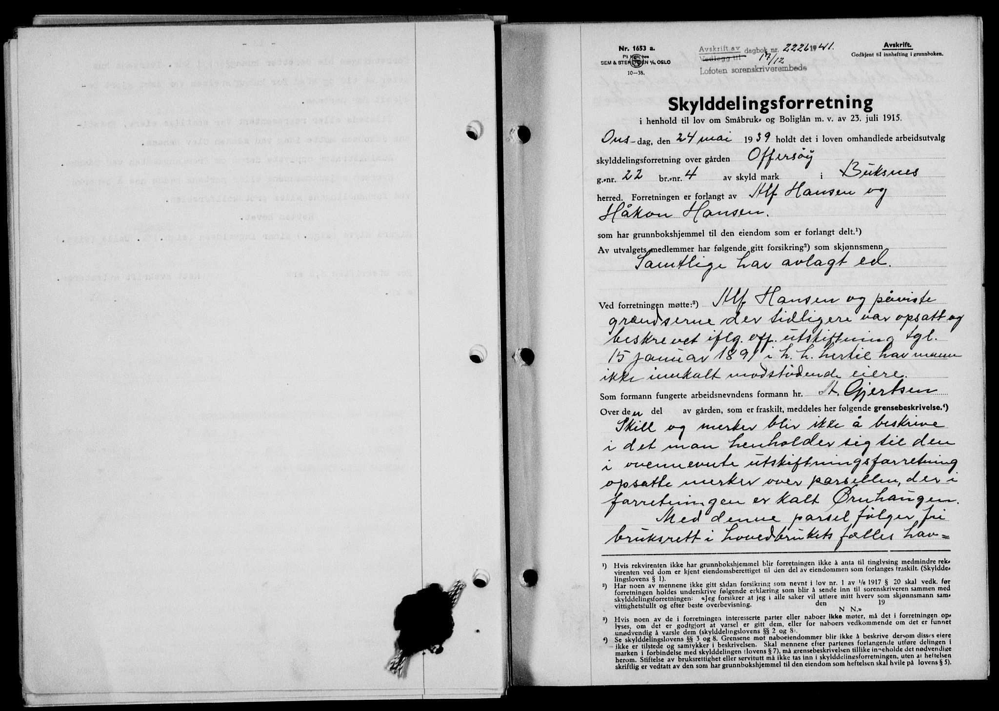 Lofoten sorenskriveri, SAT/A-0017/1/2/2C/L0009a: Mortgage book no. 9a, 1941-1942, Diary no: : 2226/1941