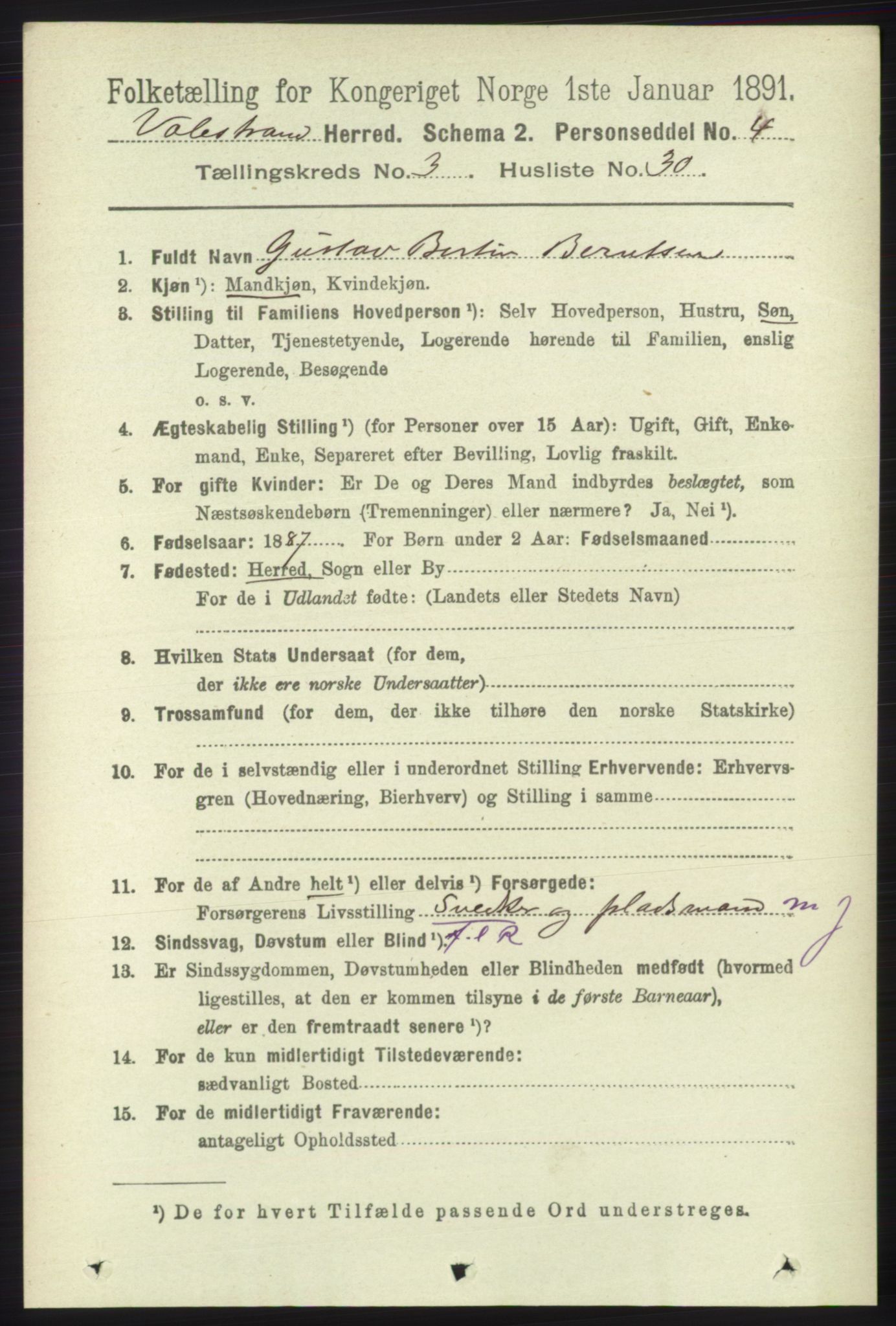 RA, 1891 census for 1217 Valestrand, 1891, p. 707