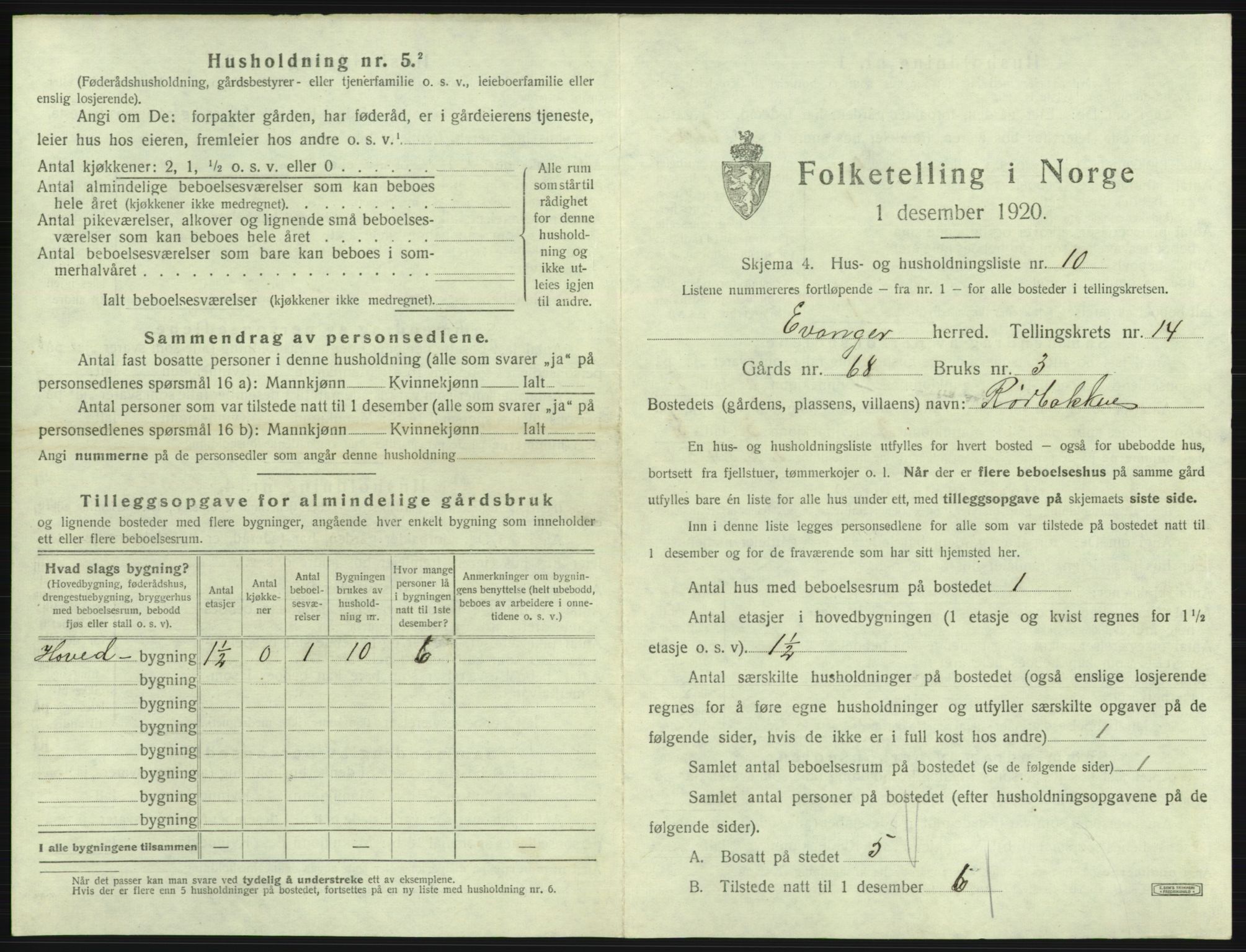 SAB, 1920 census for Evanger, 1920, p. 653