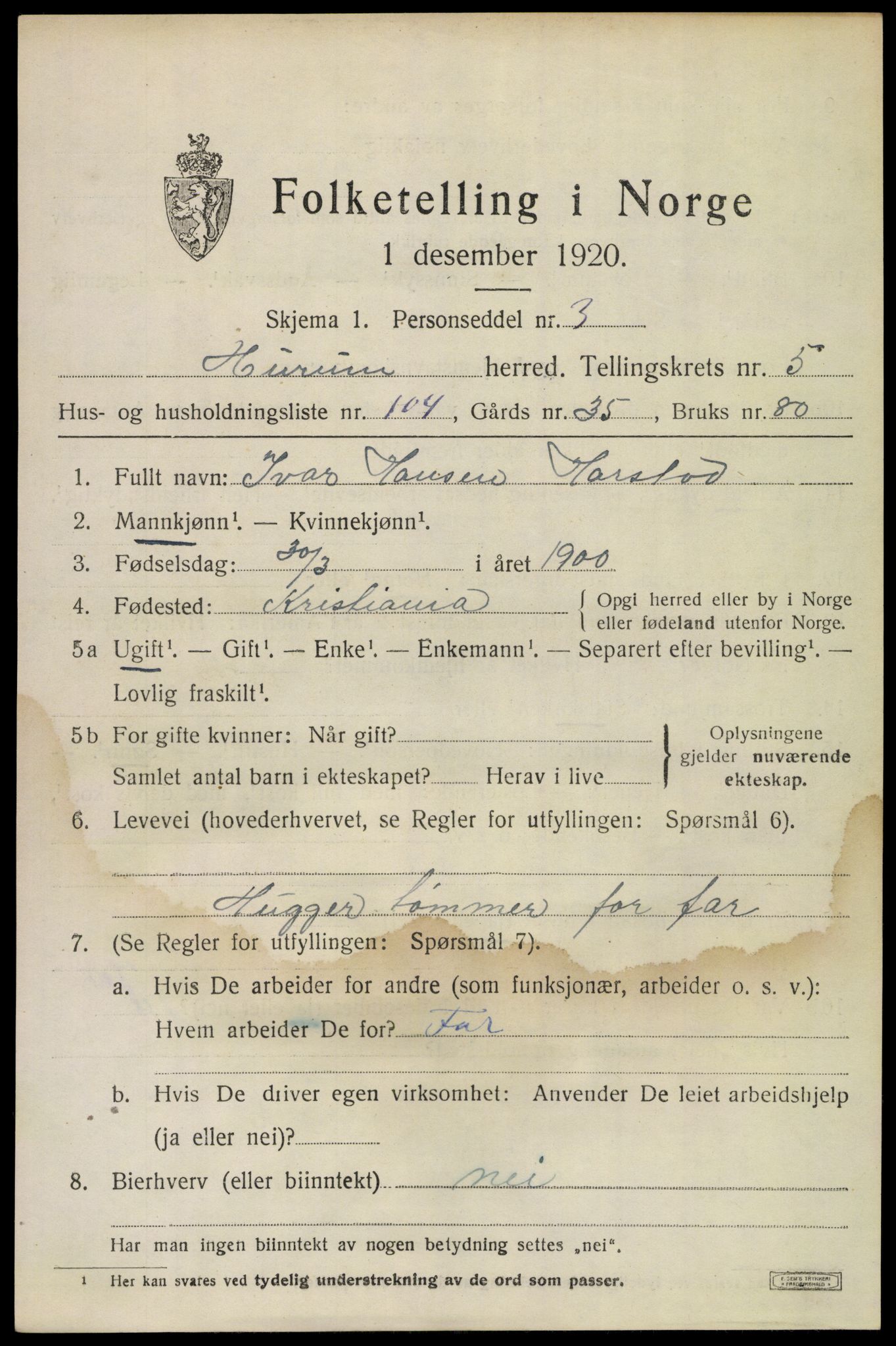 SAKO, 1920 census for Hurum, 1920, p. 7074