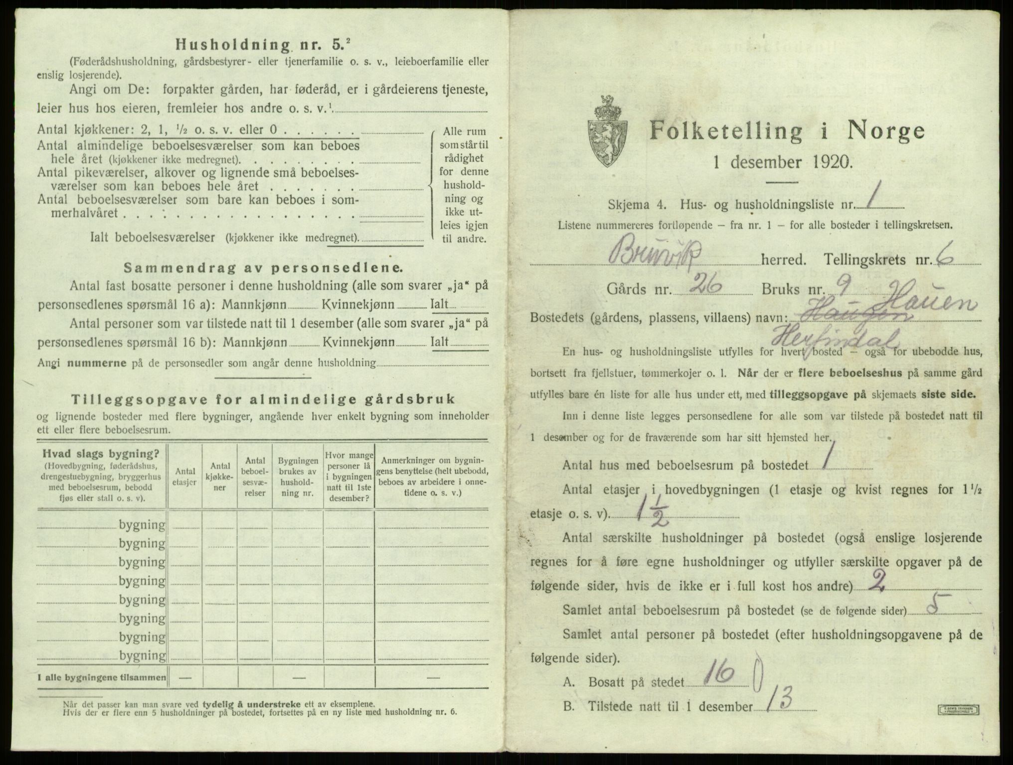 SAB, 1920 census for Bruvik, 1920, p. 404