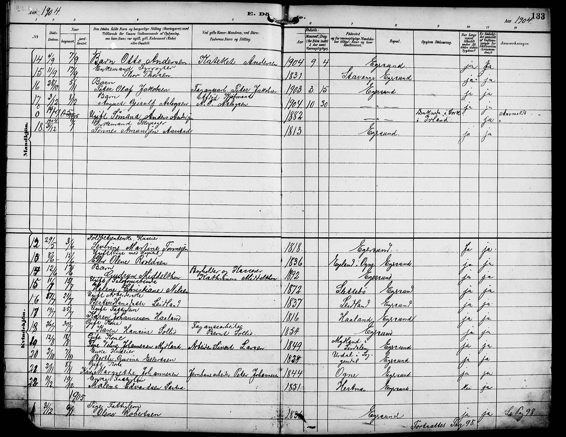 Eigersund sokneprestkontor, AV/SAST-A-101807/S09/L0010: Parish register (copy) no. B 10, 1893-1907, p. 133