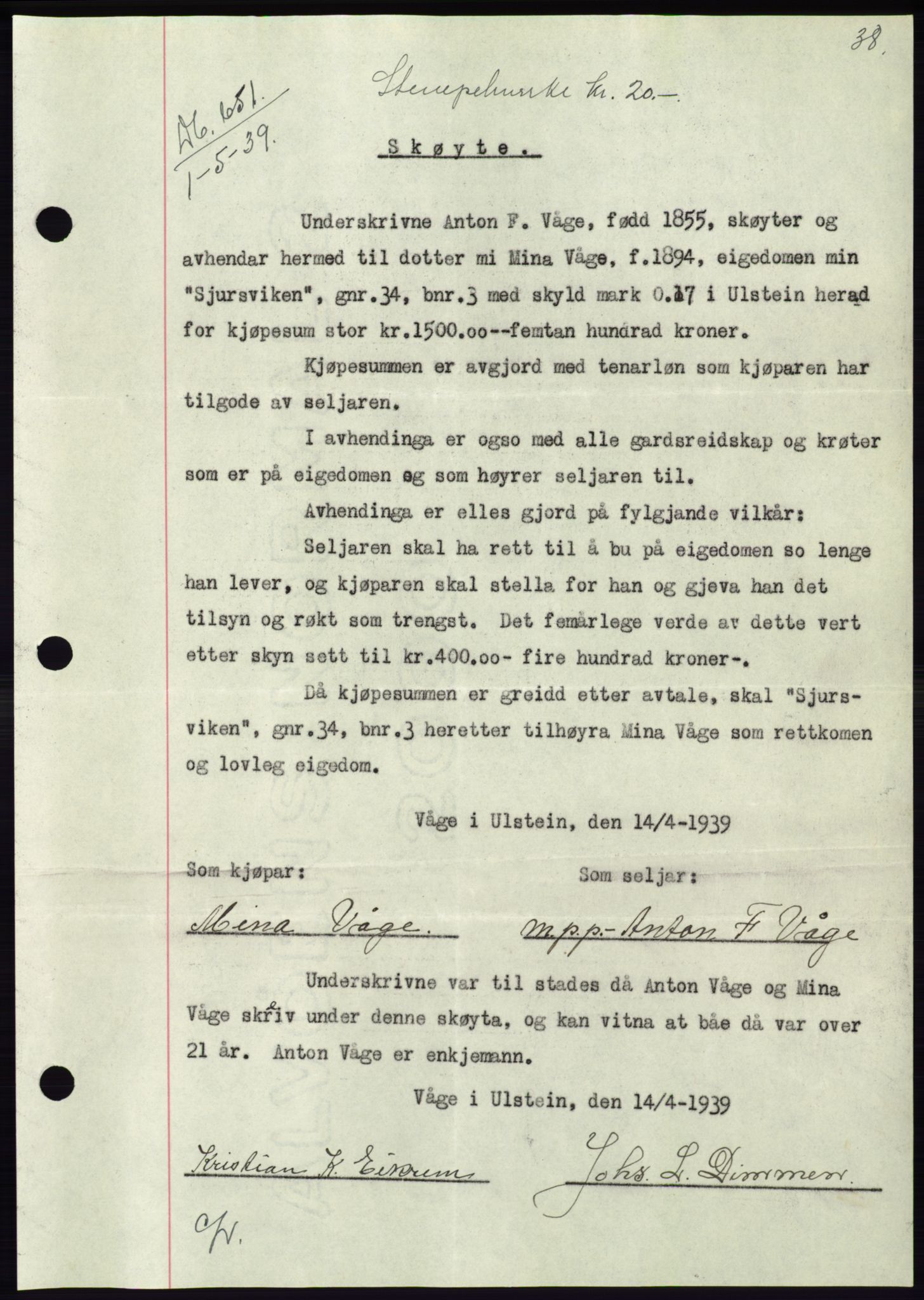 Søre Sunnmøre sorenskriveri, AV/SAT-A-4122/1/2/2C/L0068: Mortgage book no. 62, 1939-1939, Diary no: : 651/1939