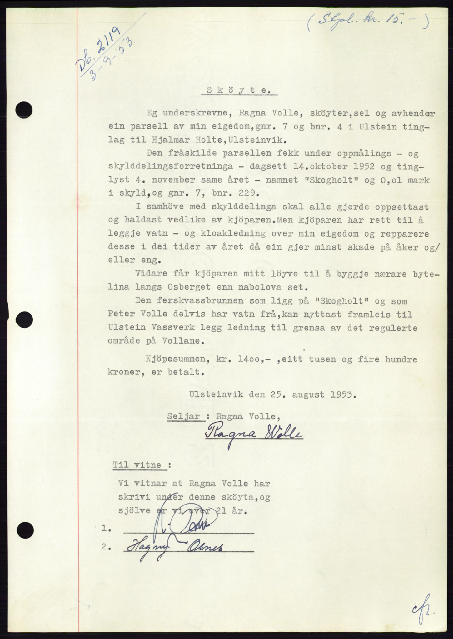 Søre Sunnmøre sorenskriveri, AV/SAT-A-4122/1/2/2C/L0095: Mortgage book no. 21A, 1953-1953, Diary no: : 2119/1953