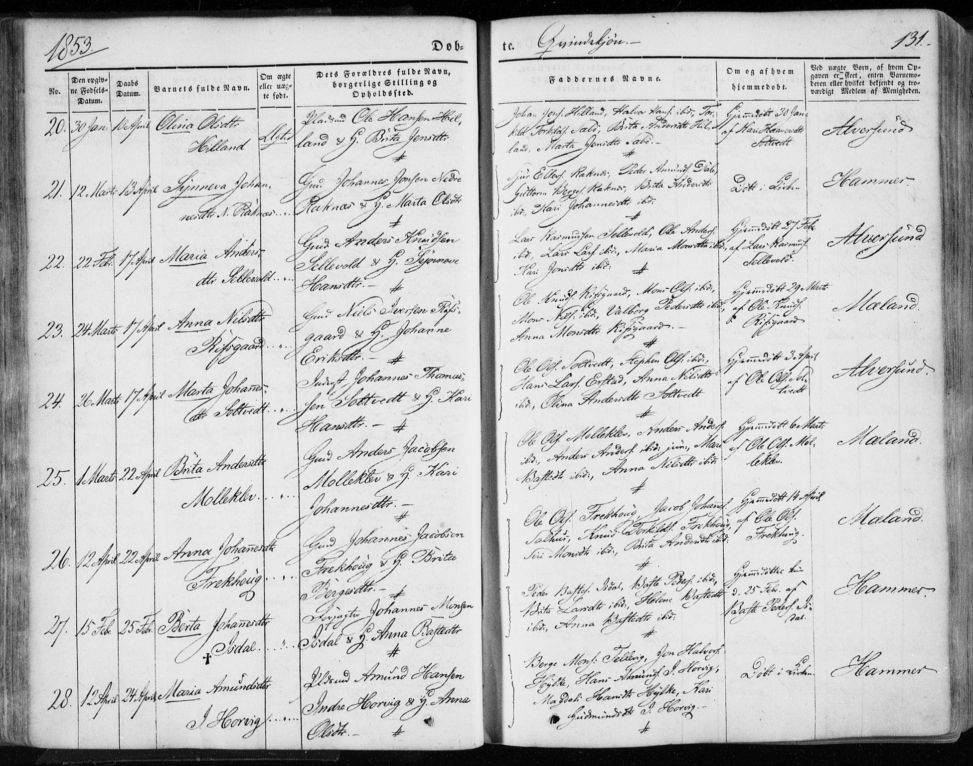 Hamre sokneprestembete, AV/SAB-A-75501/H/Ha/Haa/Haaa/L0013: Parish register (official) no. A 13, 1846-1857, p. 131