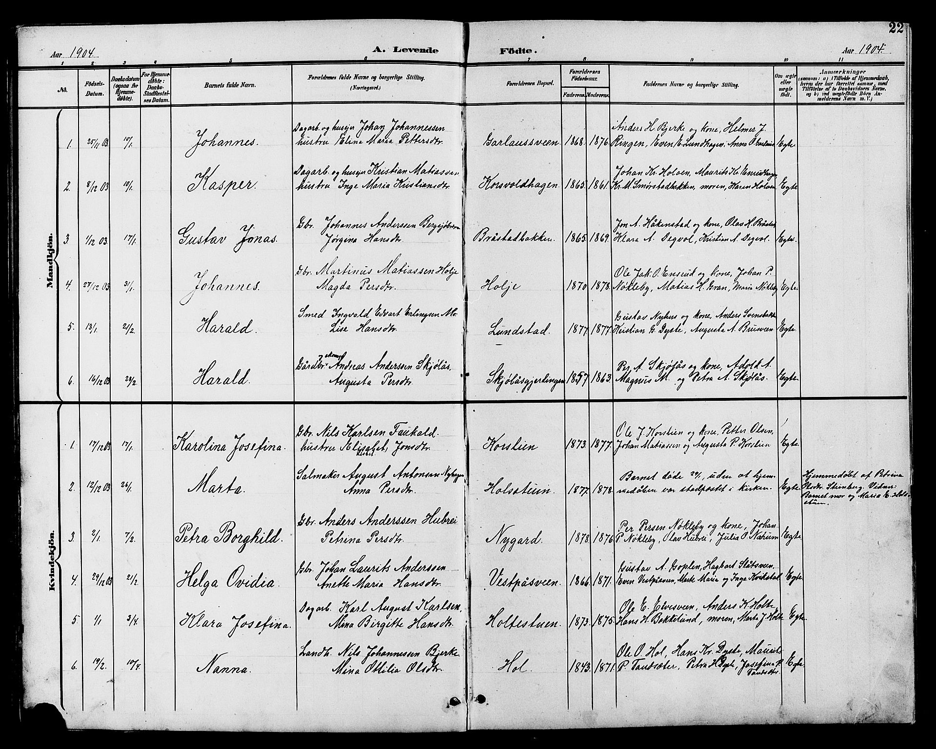 Vestre Toten prestekontor, SAH/PREST-108/H/Ha/Hab/L0011: Parish register (copy) no. 11, 1901-1911, p. 22