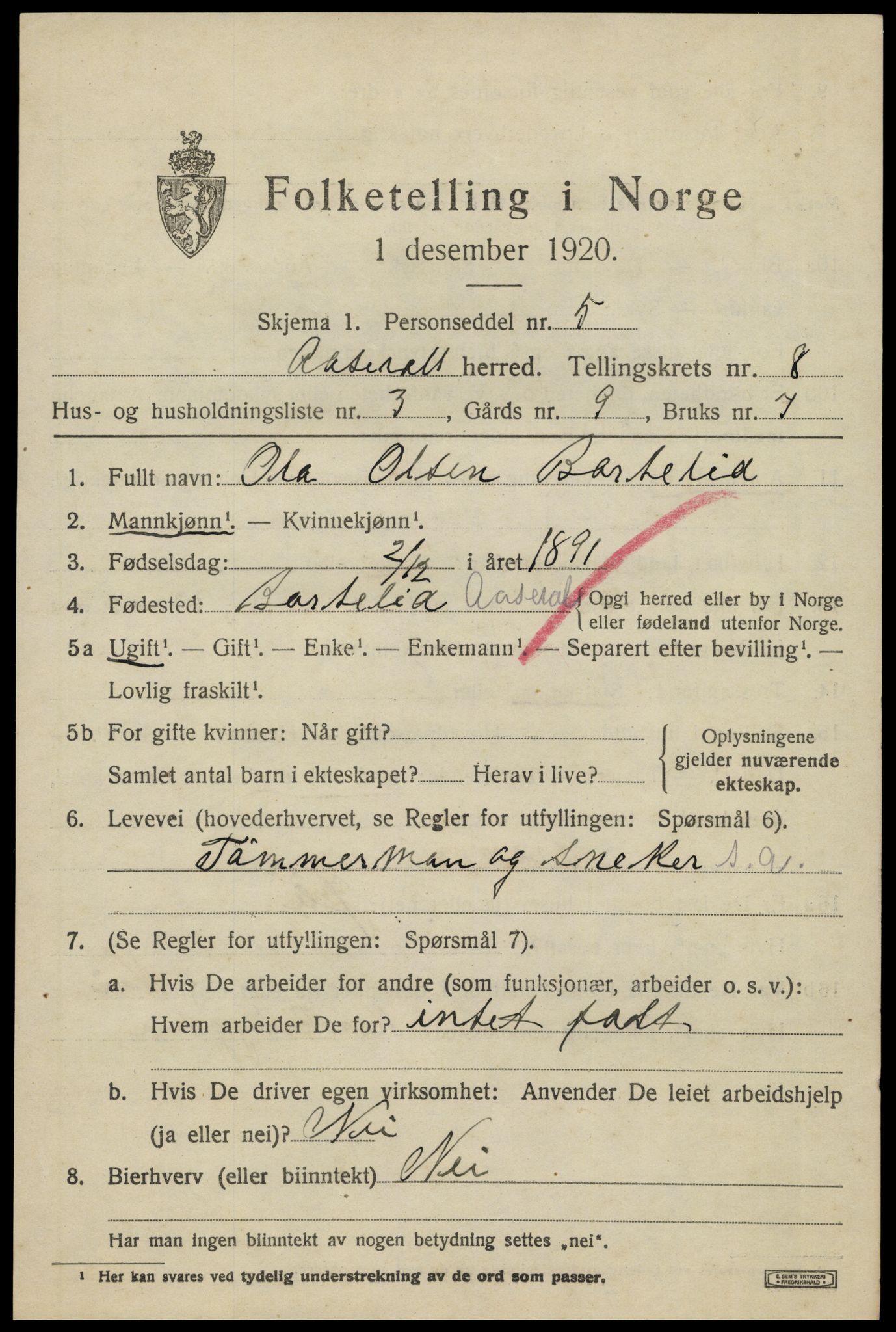 SAK, 1920 census for Åseral, 1920, p. 2470