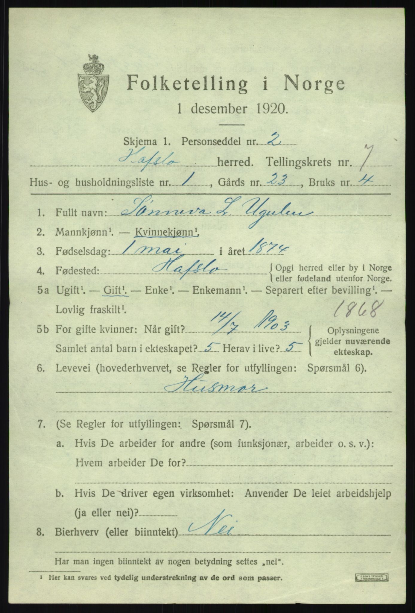 SAB, 1920 census for Hafslo, 1920, p. 5090