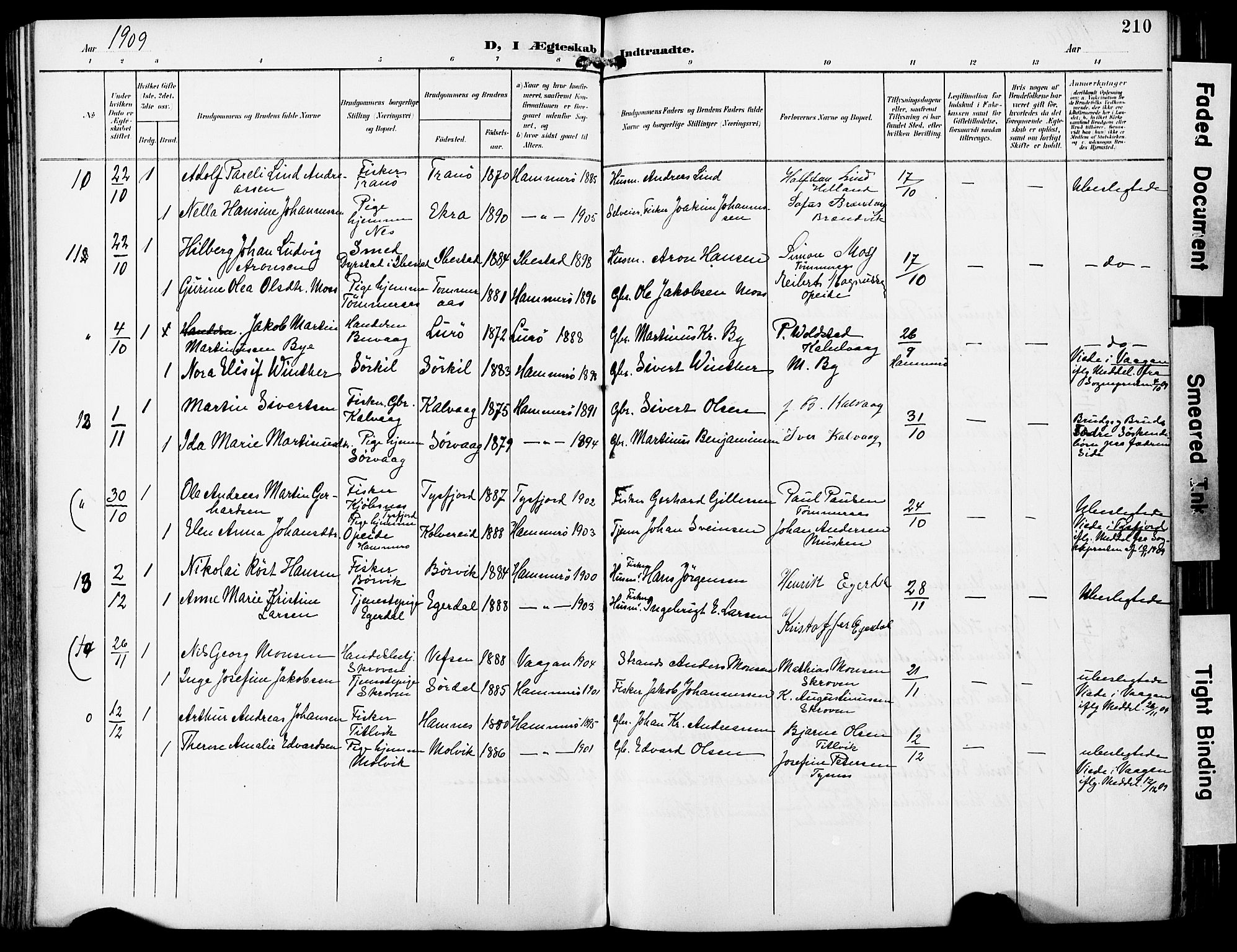 Ministerialprotokoller, klokkerbøker og fødselsregistre - Nordland, SAT/A-1459/859/L0848: Parish register (official) no. 859A08, 1900-1912, p. 210