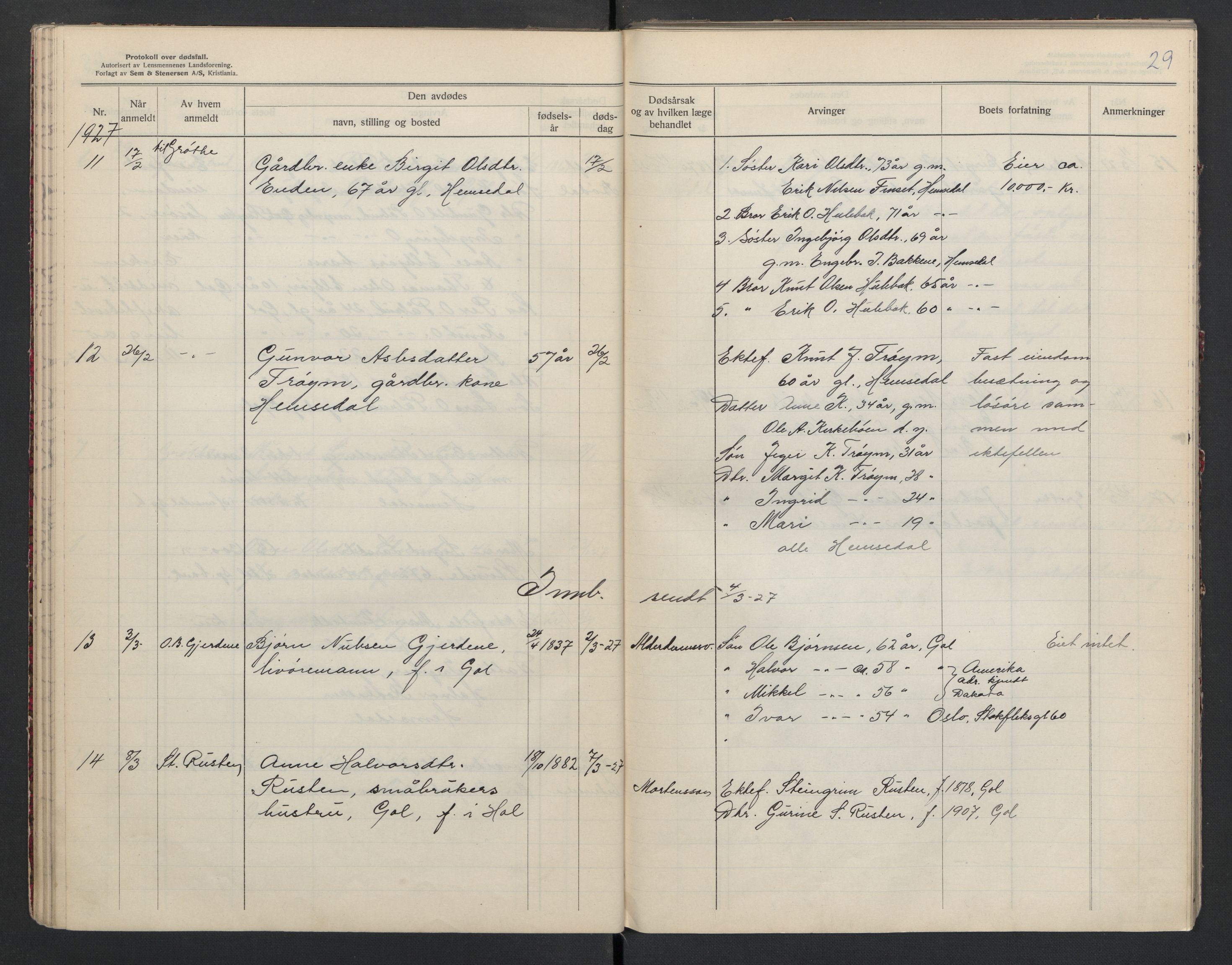 Gol og Hemsedal lensmannskontor, AV/SAKO-A-510/H/Ha/L0001: Dødsfallsprotokoll, 1925-1933, p. 29