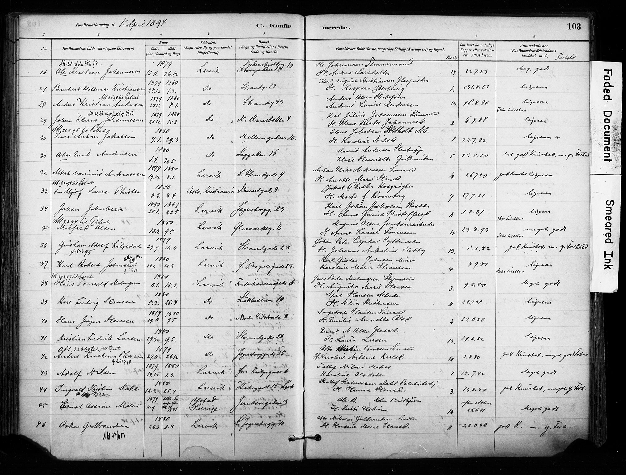 Larvik kirkebøker, AV/SAKO-A-352/F/Fa/L0008: Parish register (official) no. I 8, 1884-1902, p. 103