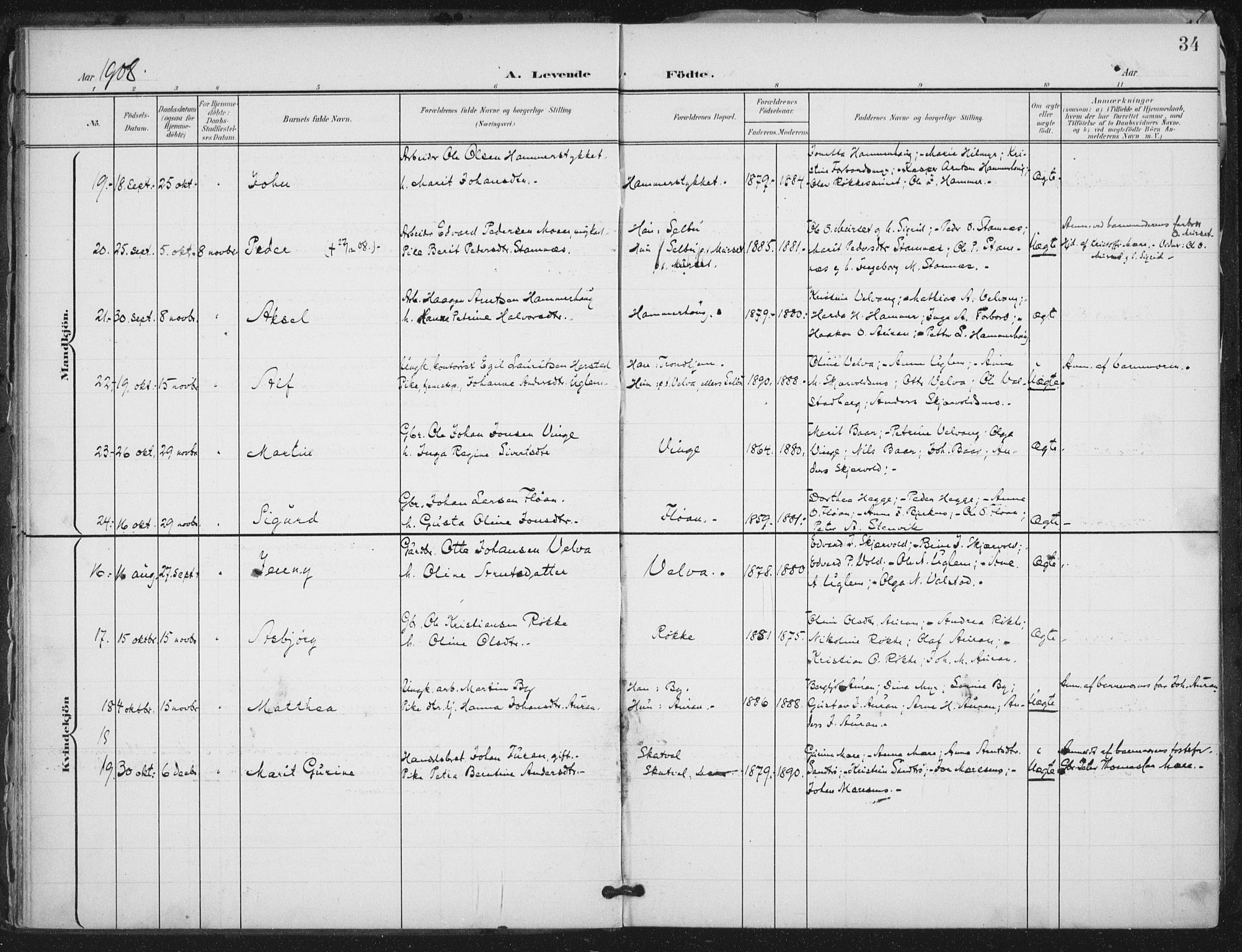 Ministerialprotokoller, klokkerbøker og fødselsregistre - Nord-Trøndelag, AV/SAT-A-1458/712/L0101: Parish register (official) no. 712A02, 1901-1916, p. 34