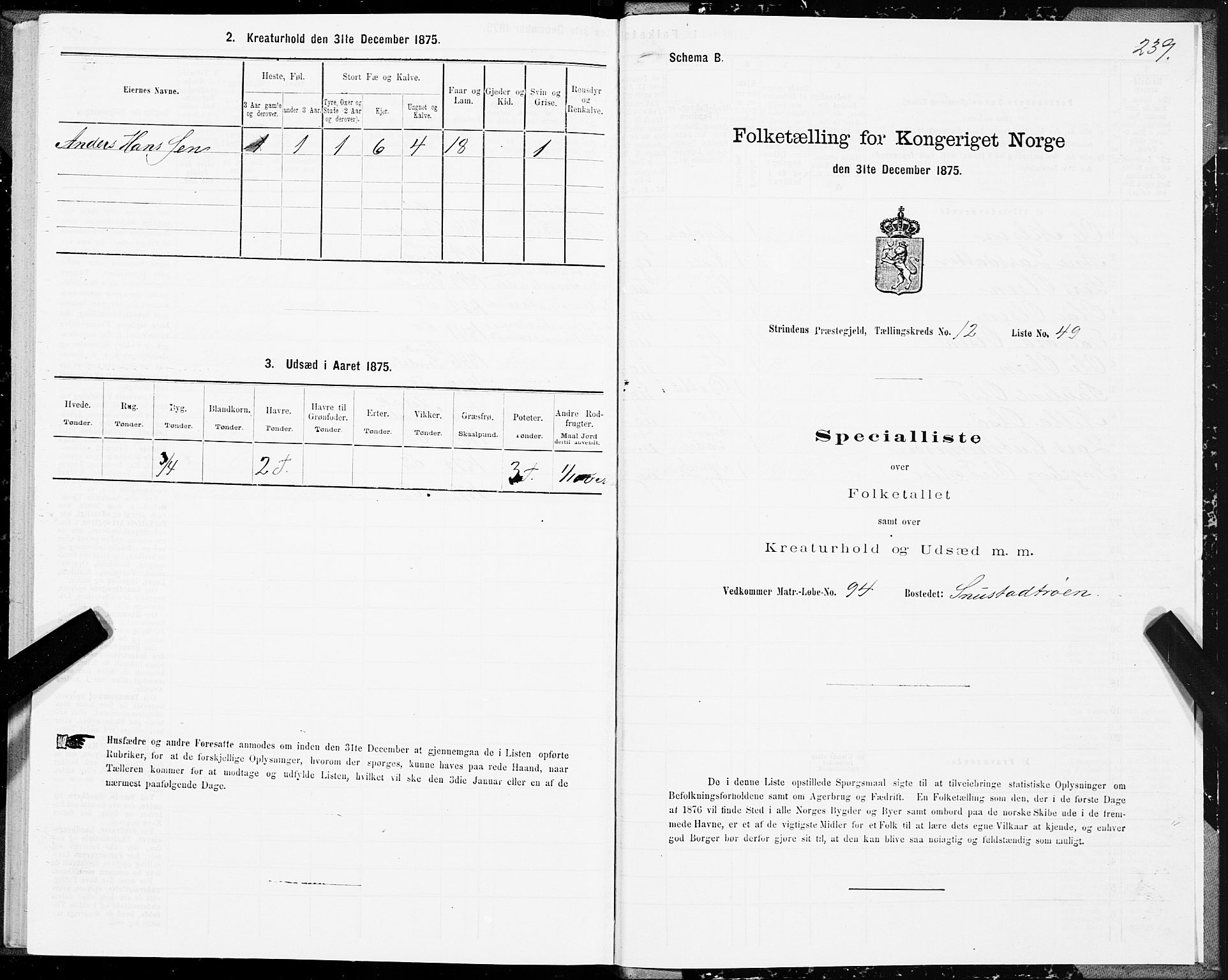 SAT, 1875 census for 1660P Strinda, 1875, p. 7239