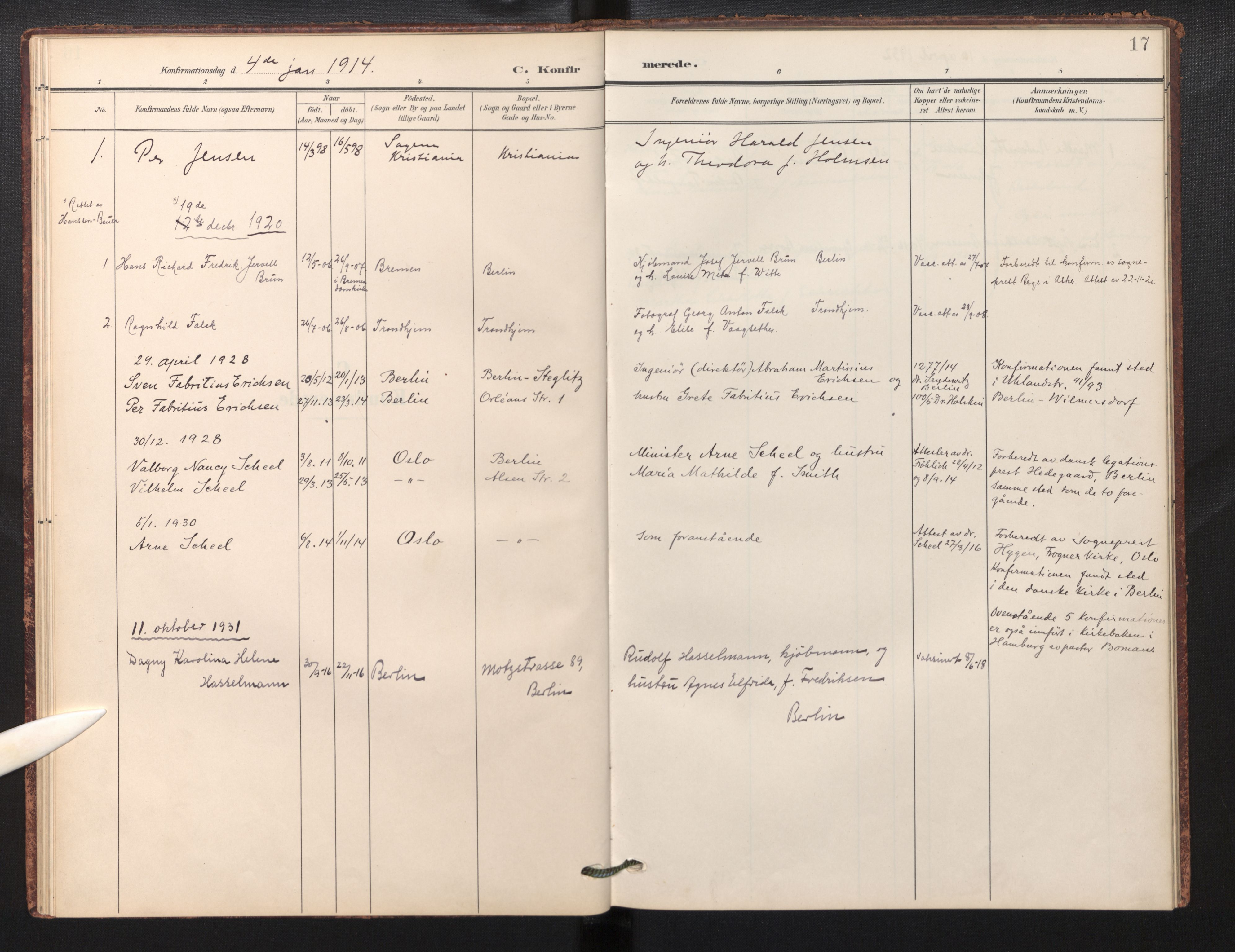 Den norske sjømannsmisjon i utlandet / Berlin, AV/SAB-SAB/PA-0360/H/Ha/L0001: Parish register (official) no. A 1, 1905-1955, p. 16b-17a