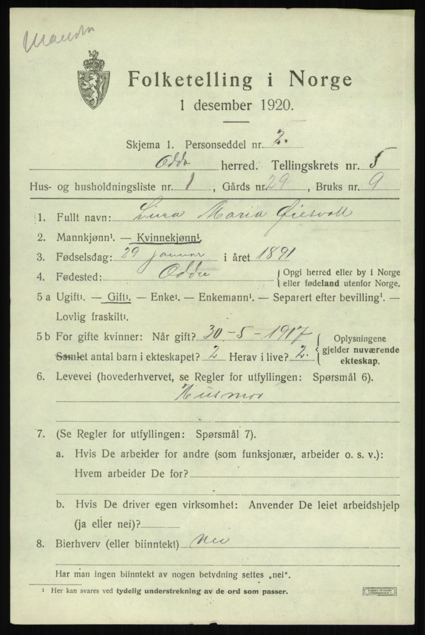 SAB, 1920 census for Odda, 1920, p. 3161