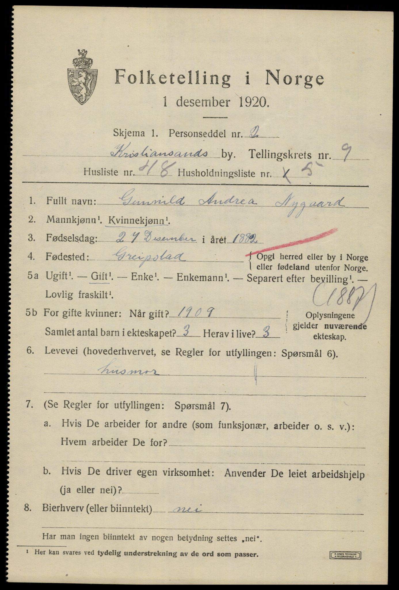 SAK, 1920 census for Kristiansand, 1920, p. 23421