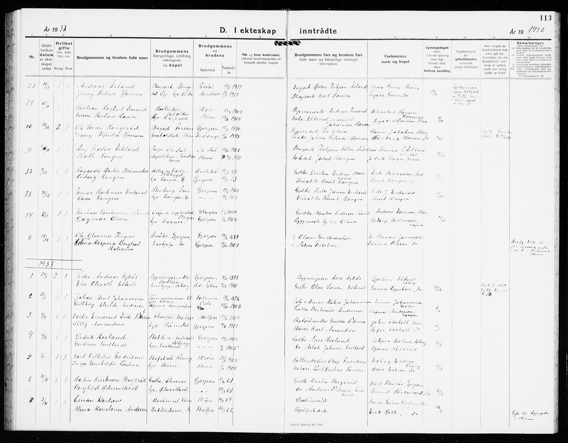 Gjerpen kirkebøker, SAKO/A-265/G/Ga/L0005: Parish register (copy) no. I 5, 1932-1940, p. 113