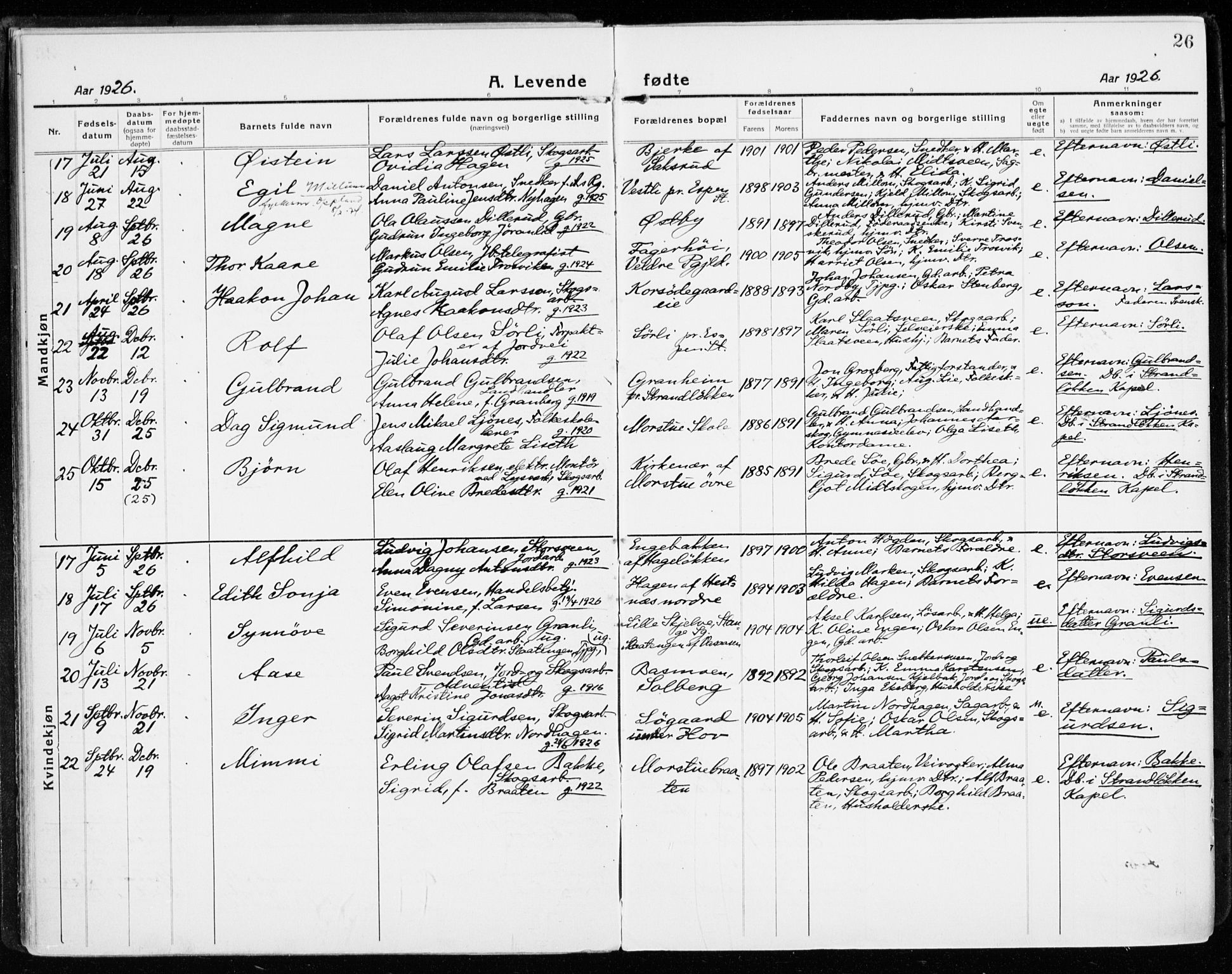 Stange prestekontor, AV/SAH-PREST-002/K/L0025: Parish register (official) no. 25, 1921-1945, p. 26